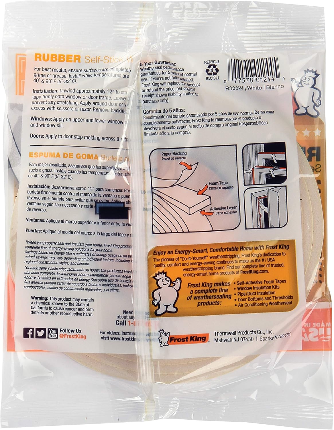 Frost King R338H Adhesive-Backed Foam Seal for Residential Energy Savings, Blocks Drafts Around Doors and Basement Windows