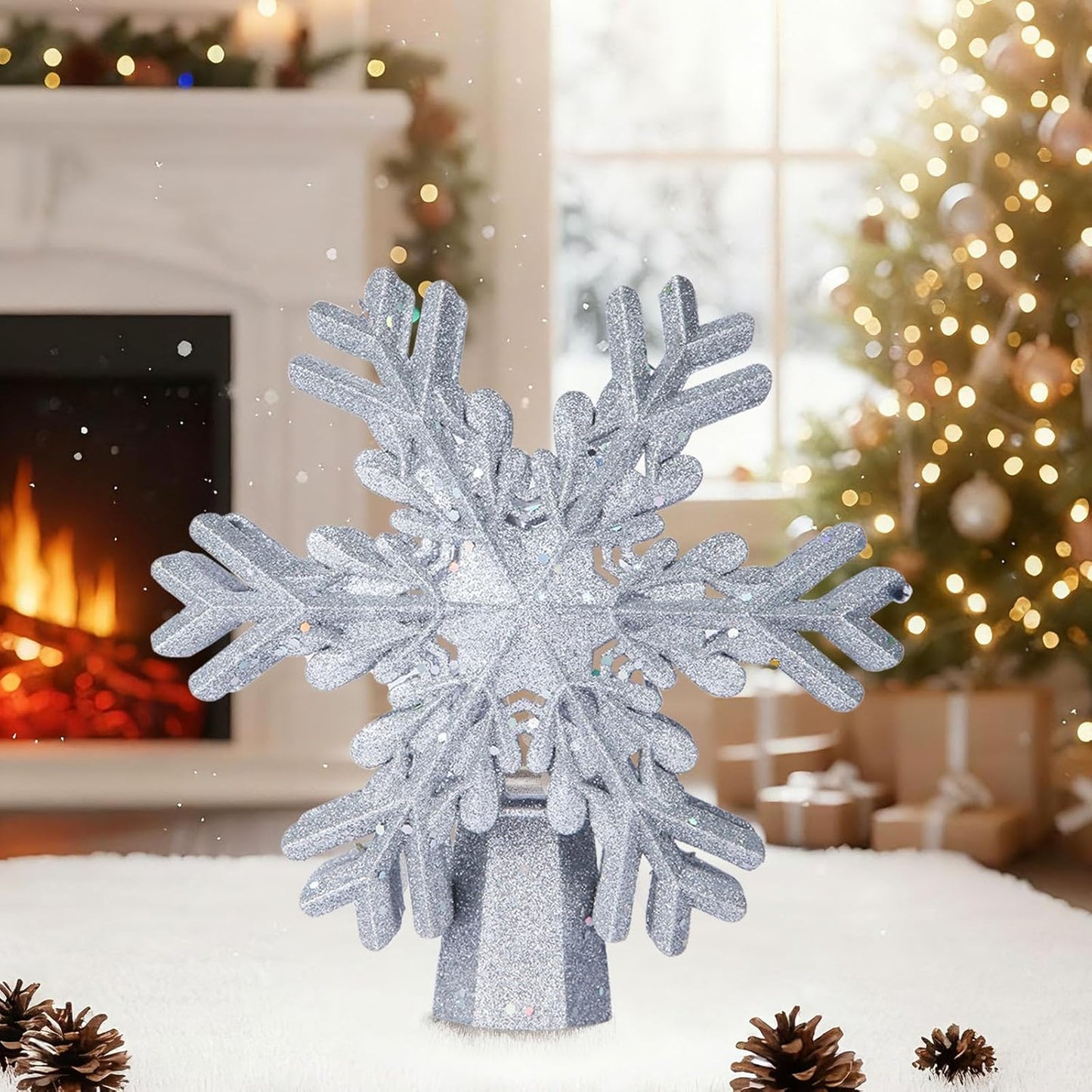 FrostyGlow LED Snowflake Topper – Portable Holiday Sparkle for Porch, Yard, and Camping, Lighted Projector Tree Topper