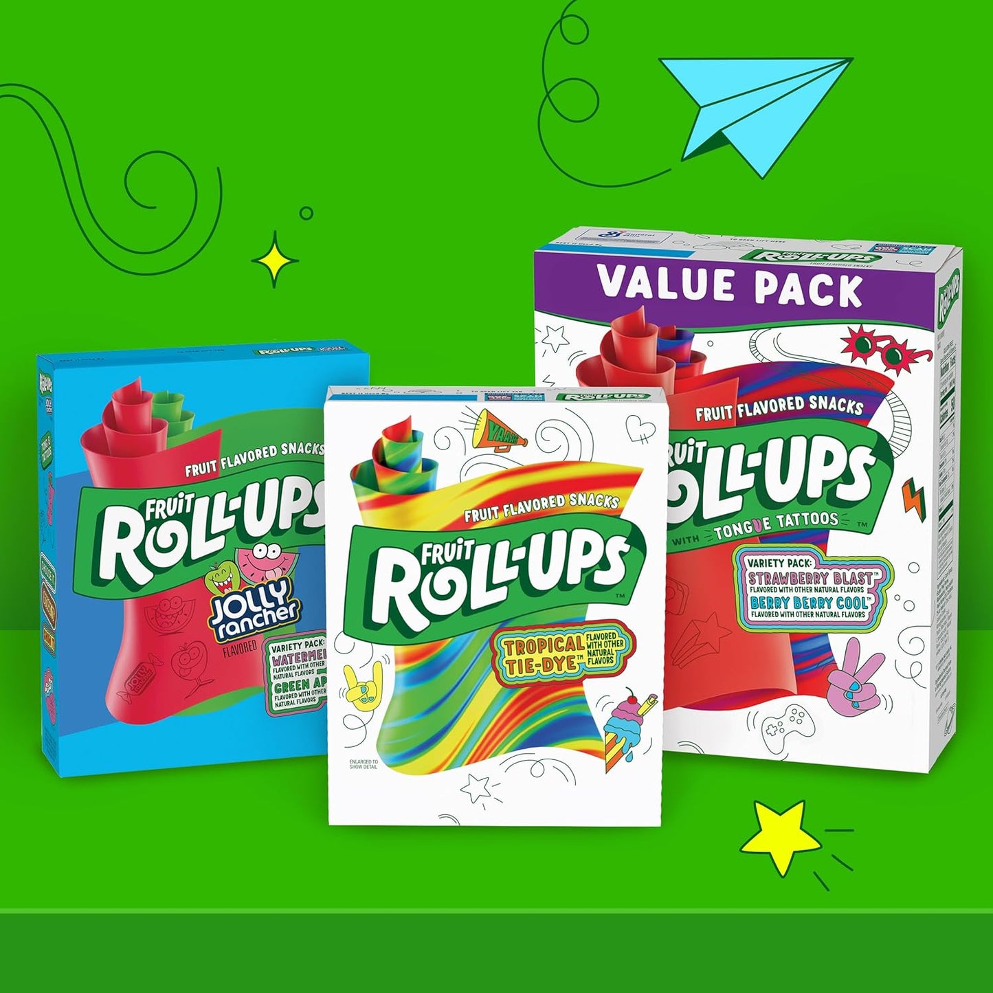 Fruit Roll-Ups Fruit Snacks Tropical Tie-Dye – Fun Tongue Tattoo Candy for Playdates and Lunchboxes