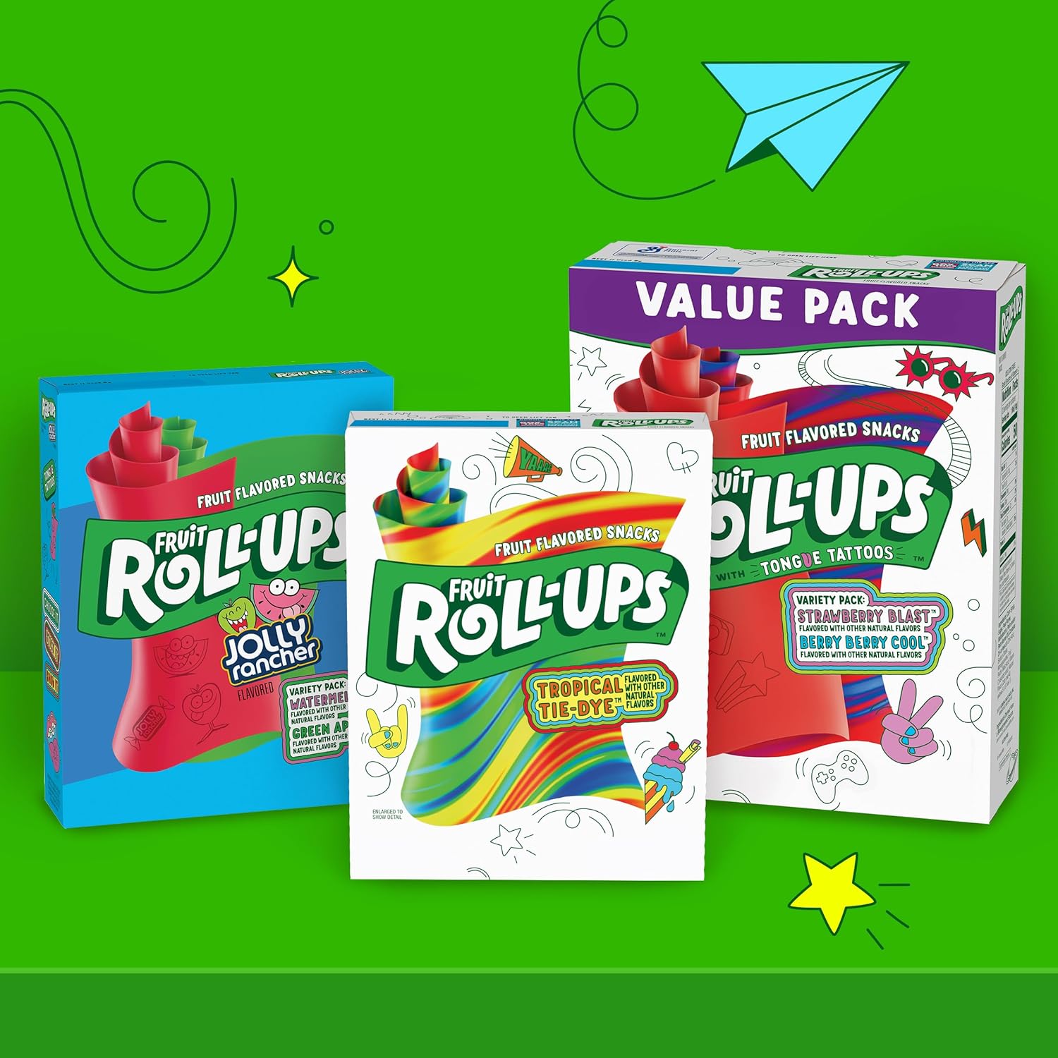 Fruit Roll-Ups Fruit Snacks Tropical Tie-Dye – Fun Tongue Tattoo Candy for Playdates and Lunchboxes
