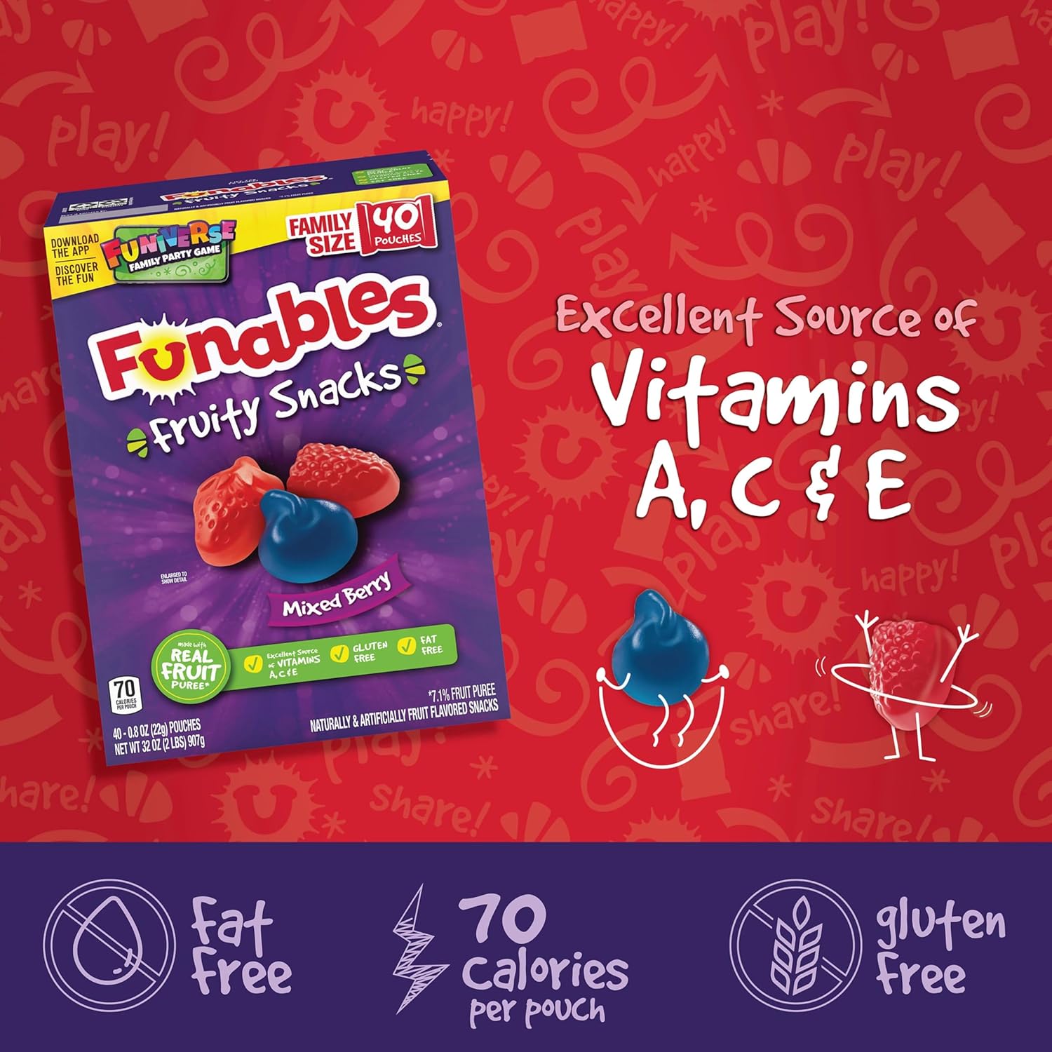 Funables Fruity Snacks, Individually Wrapped Berry Snack Pouches for Stocking Stuffer and Holiday Gift