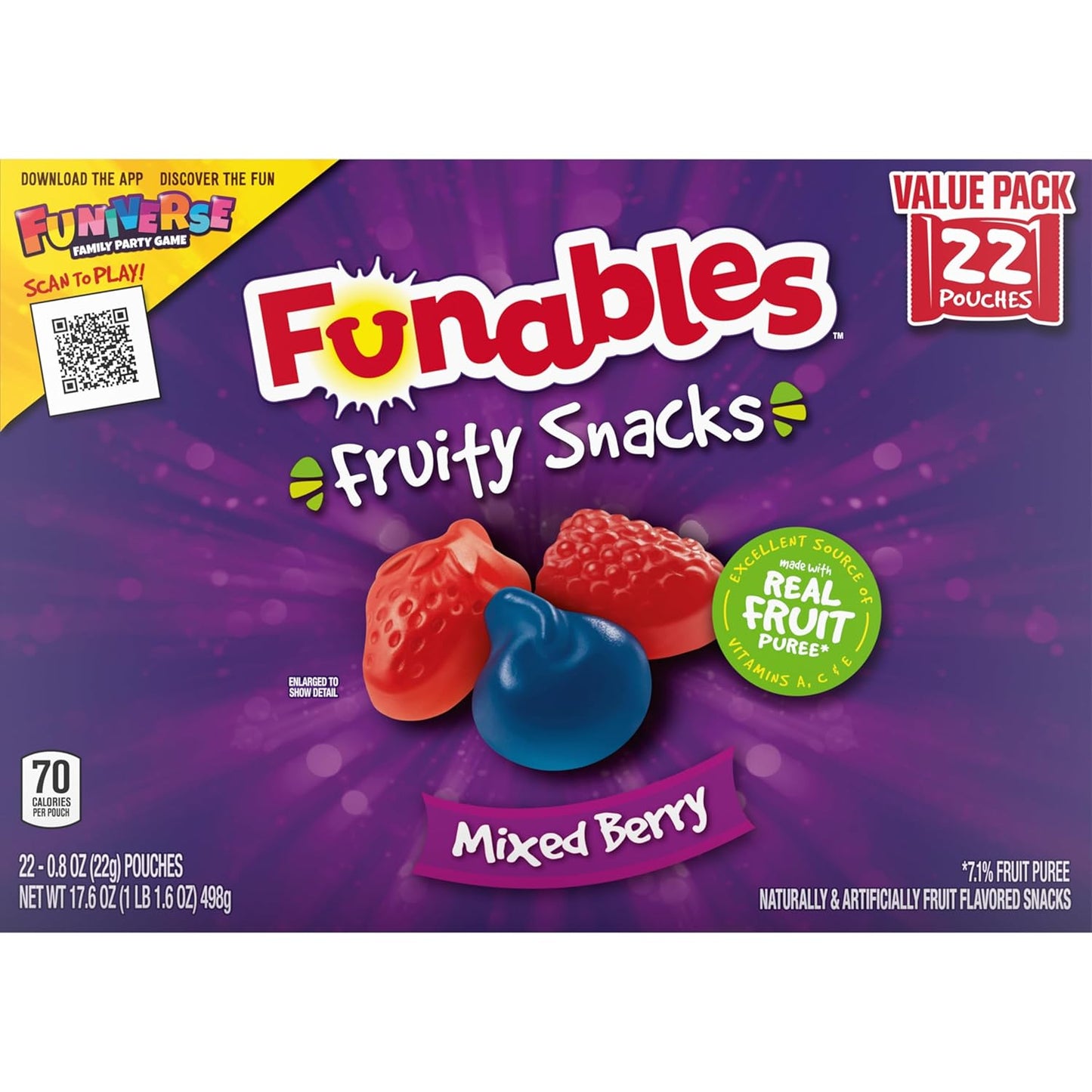 Funables Fruity Snacks Mixed Berry, Gluten-Free Fat-Free Pouches for Sports Practice and Car Rides, 22-Count Box