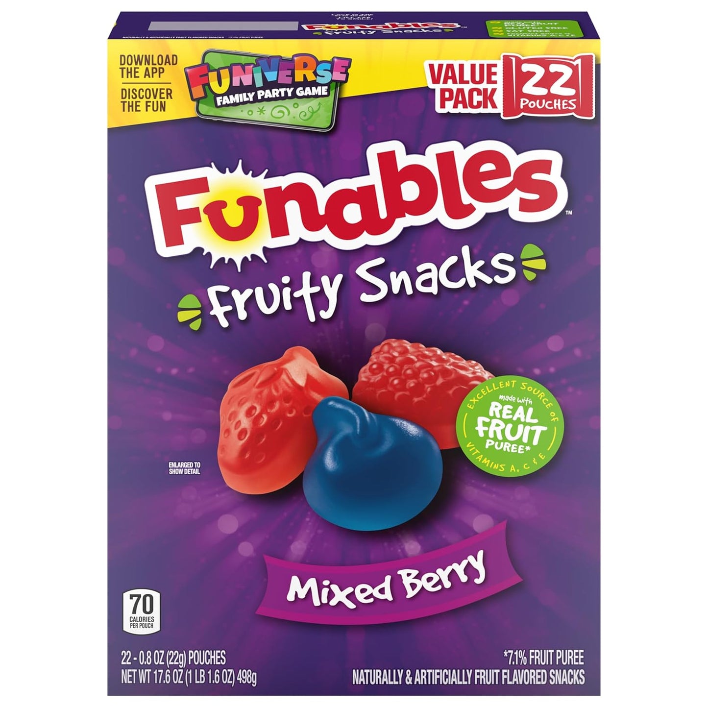 Funables Fruity Snacks Mixed Berry, Gluten-Free Fat-Free Pouches for Sports Practice and Car Rides, 22-Count Box