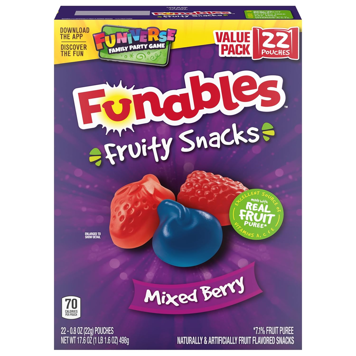 Funables Fruity Snacks Mixed Berry, Gluten-Free Fat-Free Pouches for Sports Practice and Car Rides, 22-Count Box