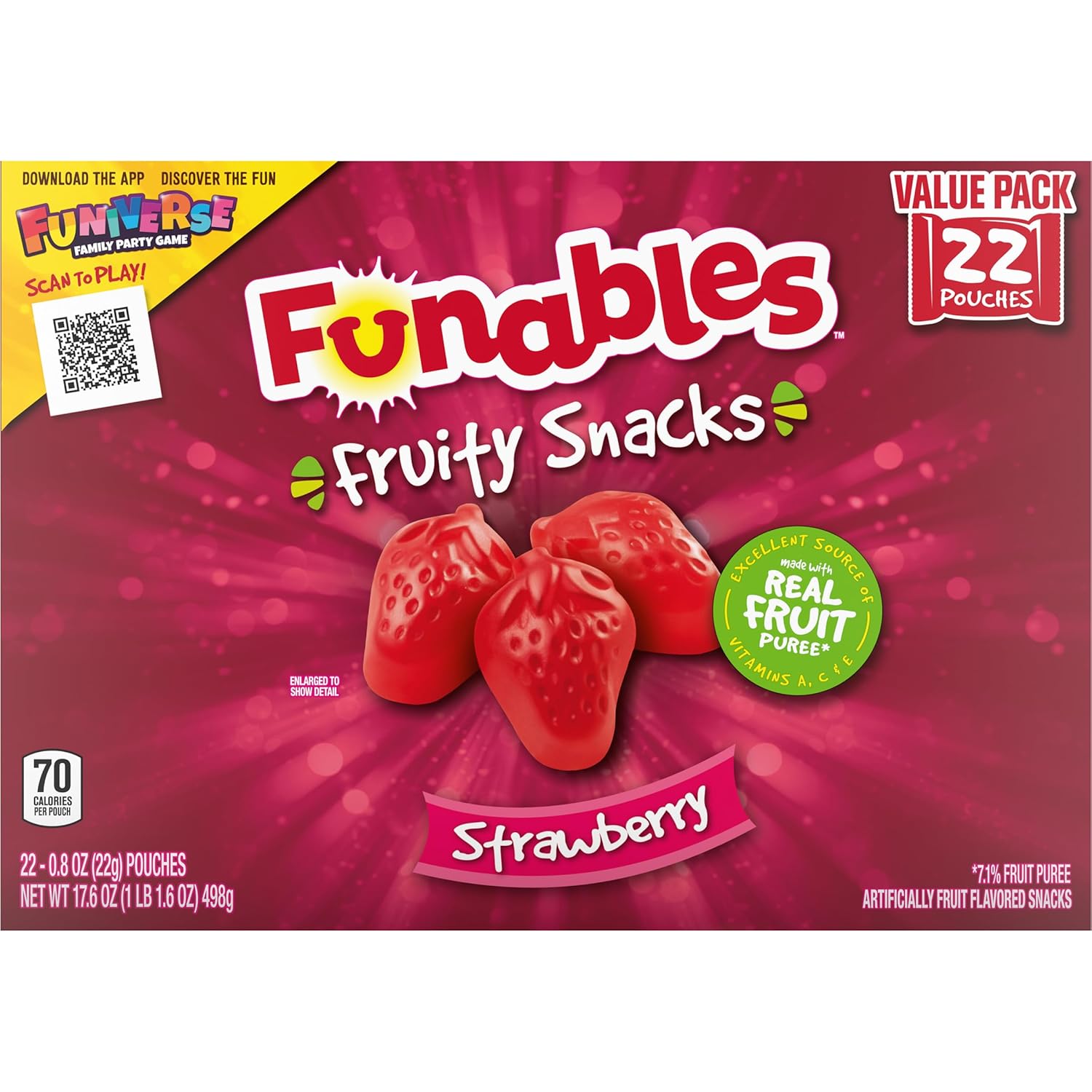 Funables Vitamin-Boost Fruit Snacks for Desk Drawer & Commute Cup Holders, Strawberry 22 Pack