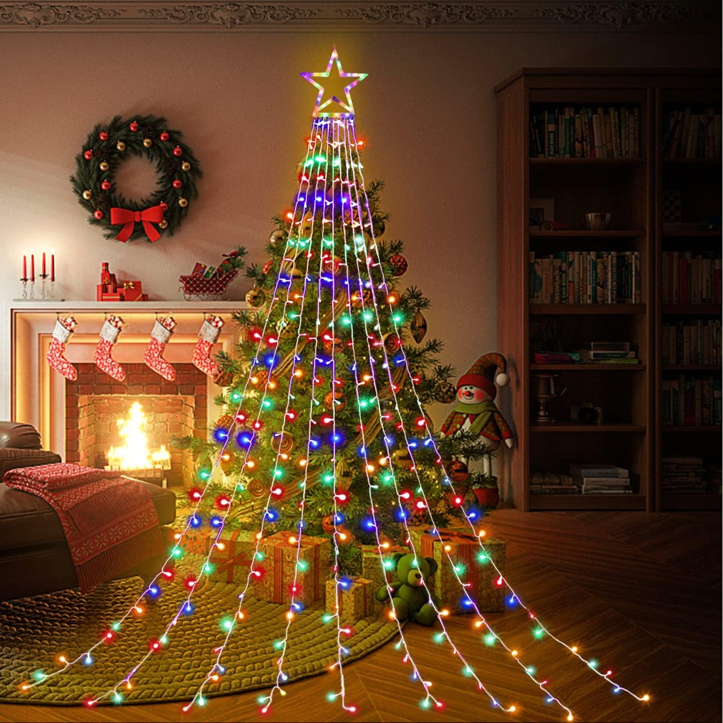 FUNIAO Waterfall String Lights Outdoor, 320 LED 8 Mode Christmas Star Lights for Camping, Patio and Backyard Holiday Setup