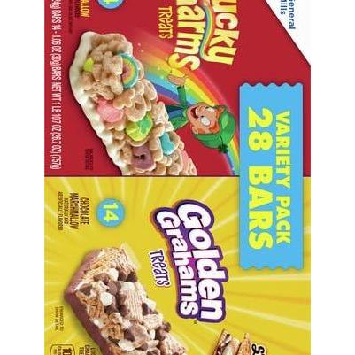 Golden Grahams Lucky Charms Cereal Bars – Nostalgic Break Room Snack for Office and College Students, 28 Individually Wrapped