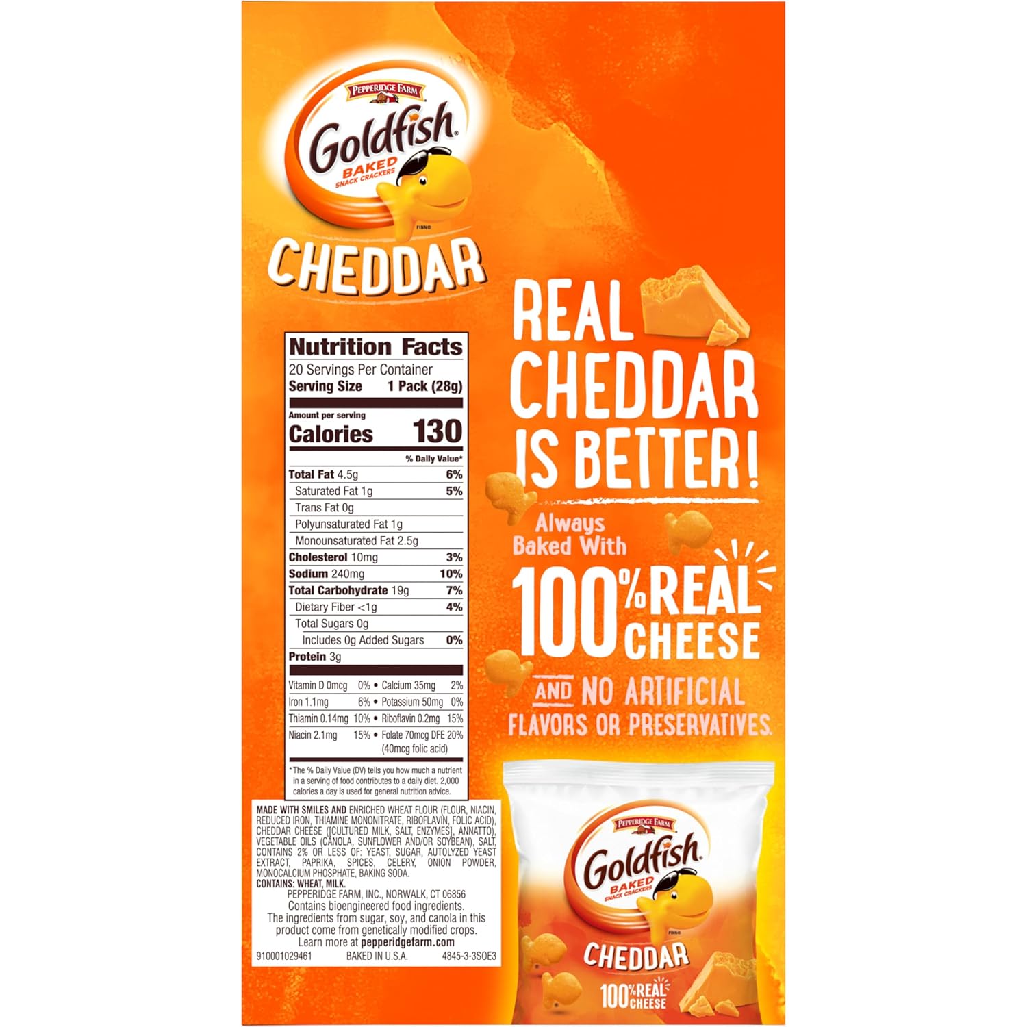 Goldfish Cheddar Cheese Crackers – Backpack Snack for After-School Care, 20 Pouches of Baked Crackers