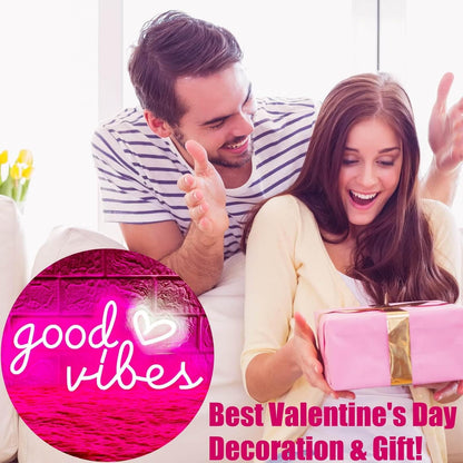 Good Vibes Neon Sign – Housewarming Gift for Women, 16x8 Inch Heart LED Neon Light for Living Room
