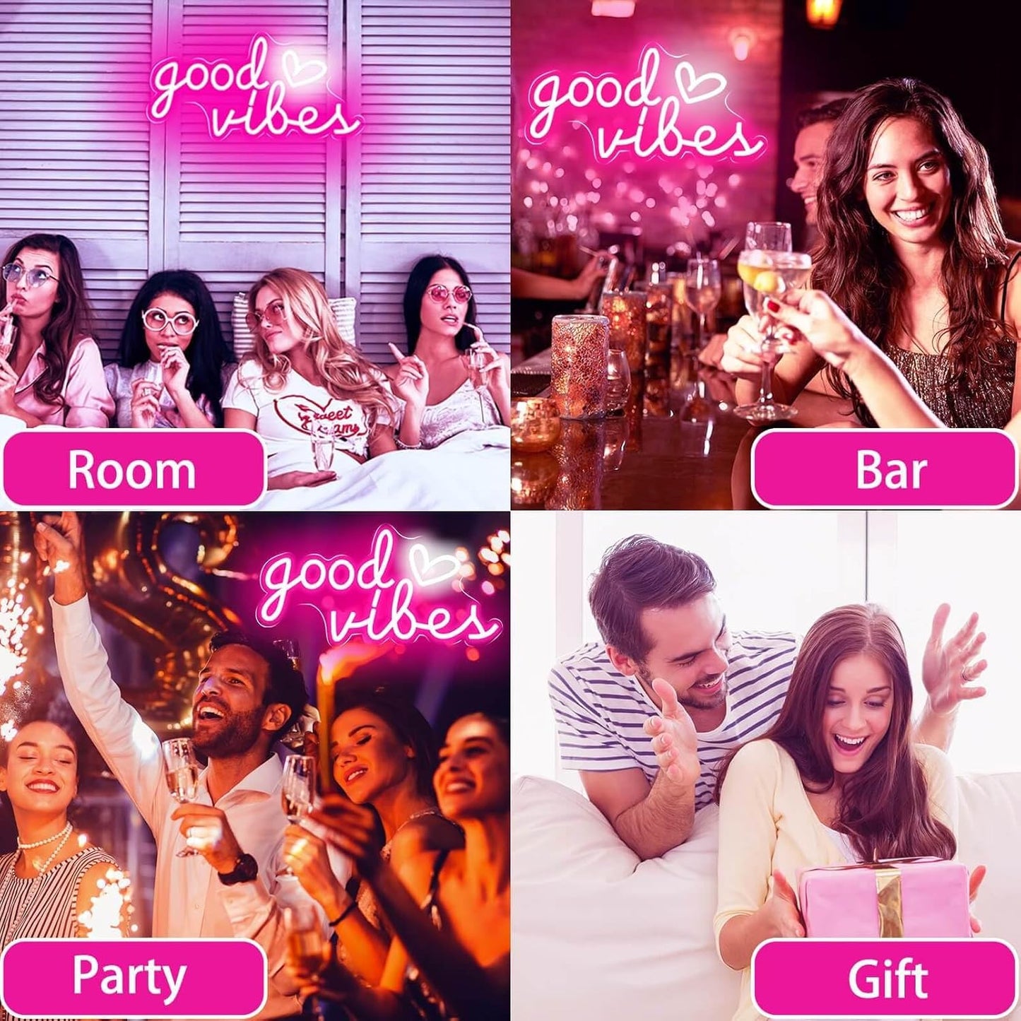 Good Vibes Neon Sign – Housewarming Gift for Women, 16x8 Inch Heart LED Neon Light for Living Room