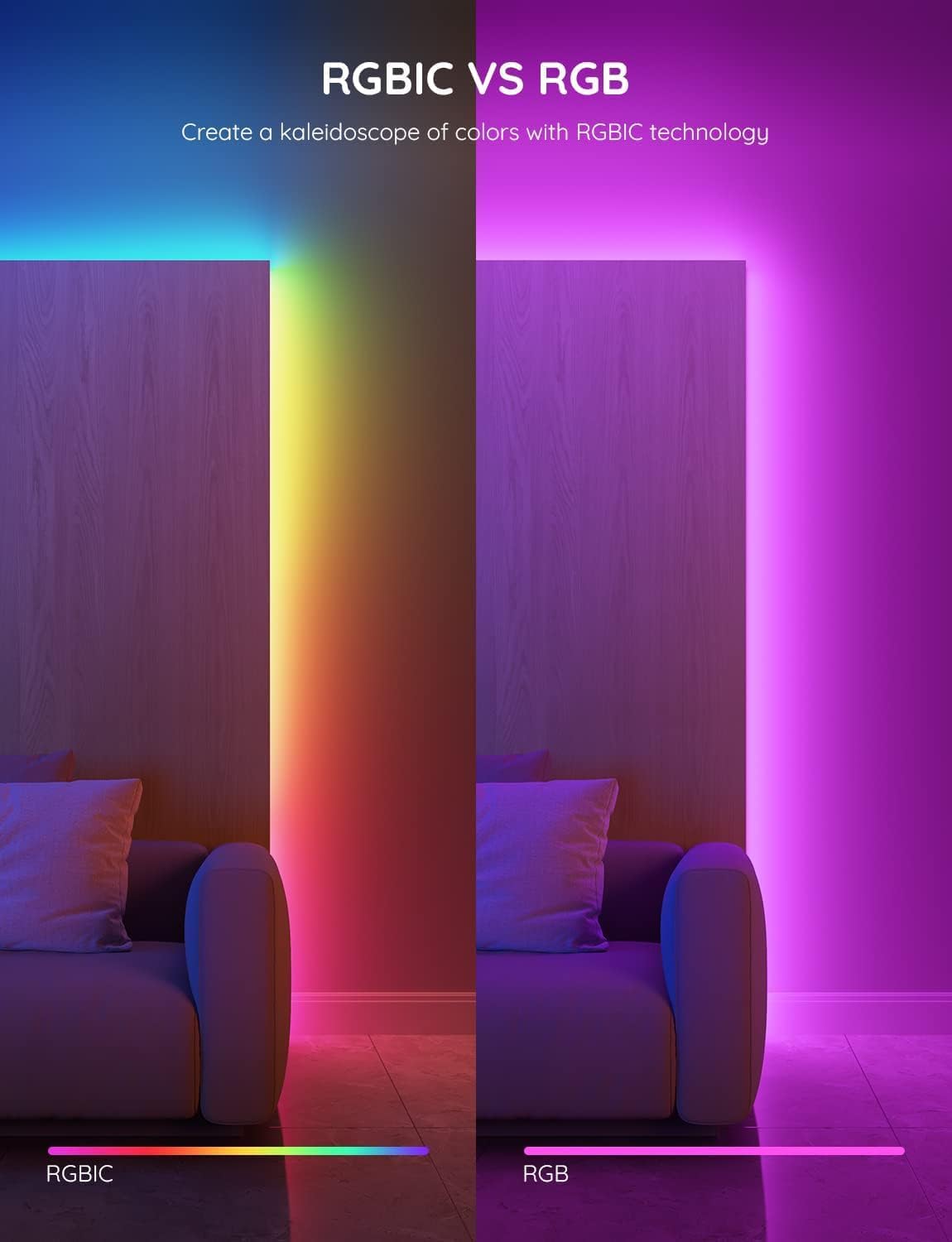 Govee RGBIC LED Strip Lights – Cozy Apartment Mood Lighting Behind TV and Headboard, App Customizable, 32.8ft