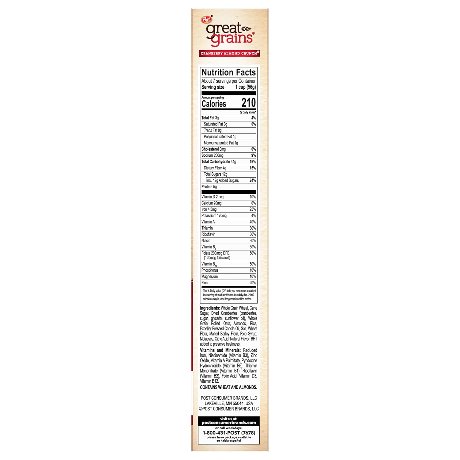 Great Grains Cranberry Almond Crunch Cereal – Desk-Side Snack Cereal for Commute and Breakroom Fueling, 14 oz Box