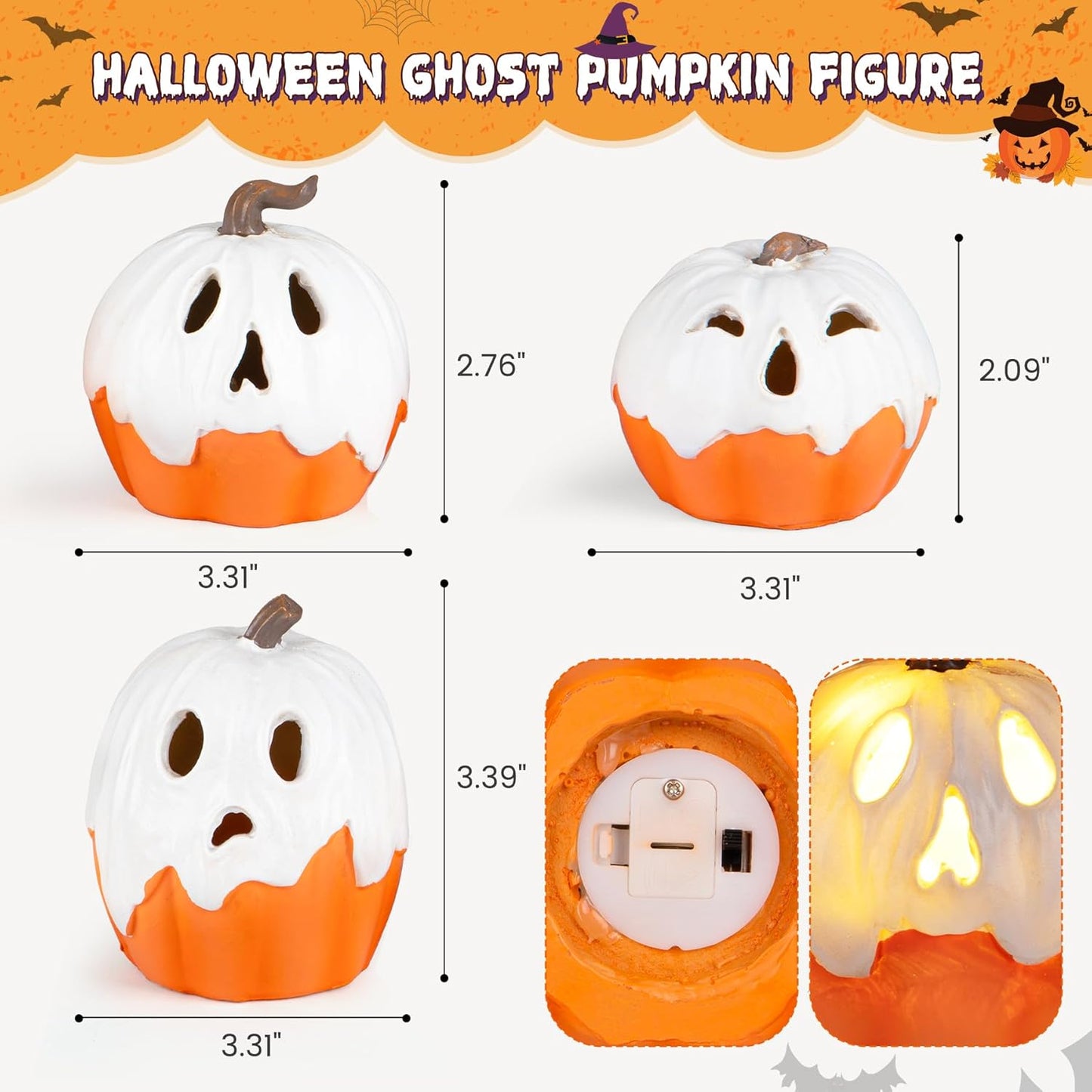 Halloween Decorations Light Up Ghost Pumpkin Set of 3 – Handmade Painted Centerpiece for Dining Table and Entryway Console
