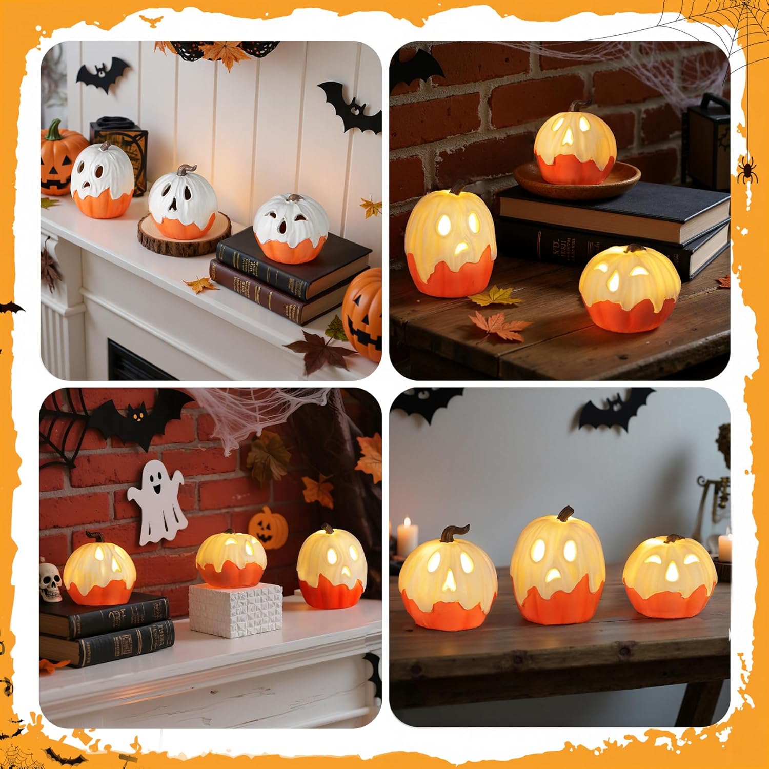 Halloween Decorations Light Up Ghost Pumpkin Set of 3 – Handmade Painted Centerpiece for Dining Table and Entryway Console
