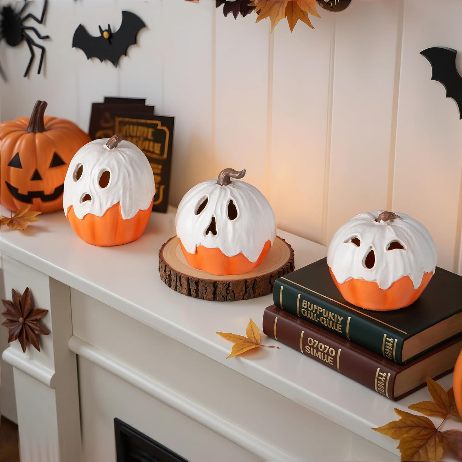 Halloween Decorations Light Up Ghost Pumpkin Set of 3 – Handmade Painted Centerpiece for Dining Table and Entryway Console