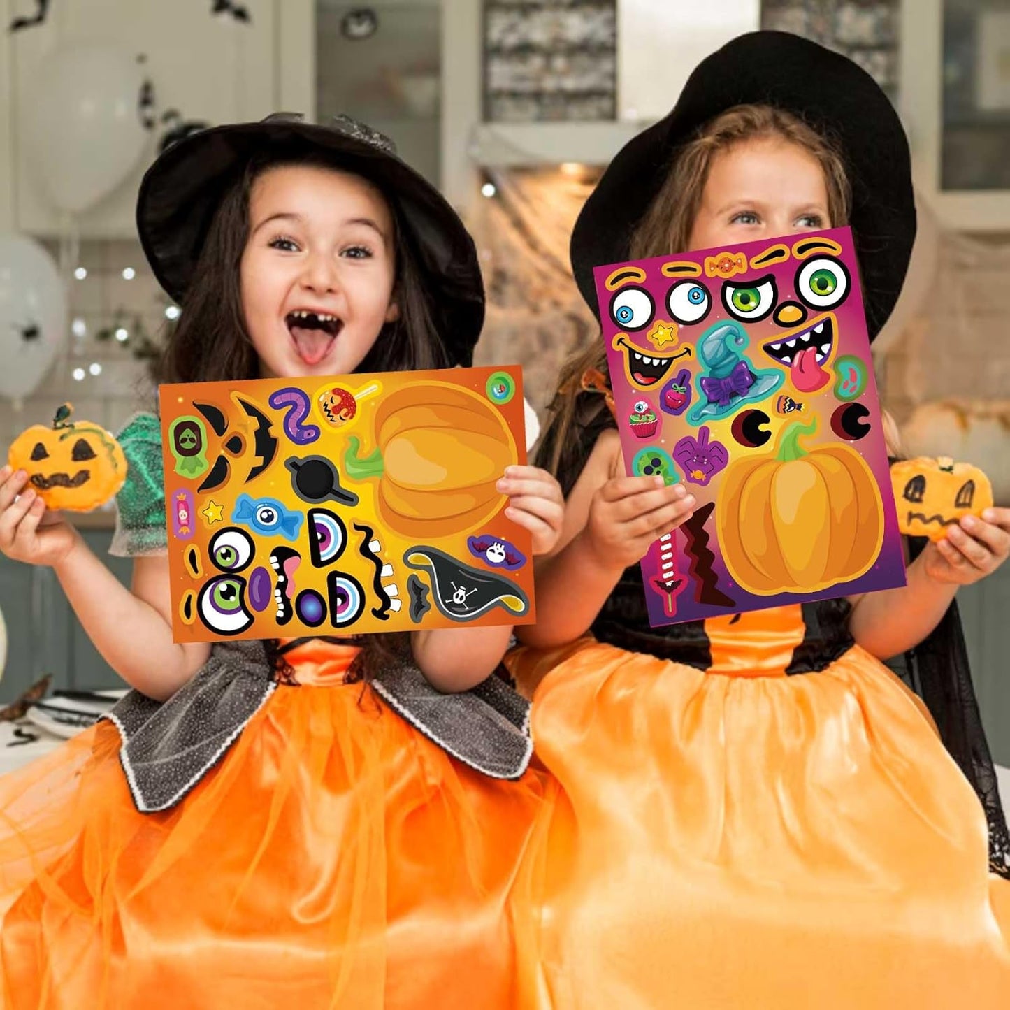 Halloween Sticker Craft for Kids – 24 Sheet Make-Your-Own Pumpkin Face Set for Classroom Party and Home Play Date