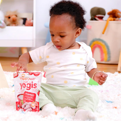 Happy Baby Organics Greek Yogis Crawling Baby Melting Snacks for Stroller and Diaper Bag, Strawberry Banana, 1 oz Resealable Bag