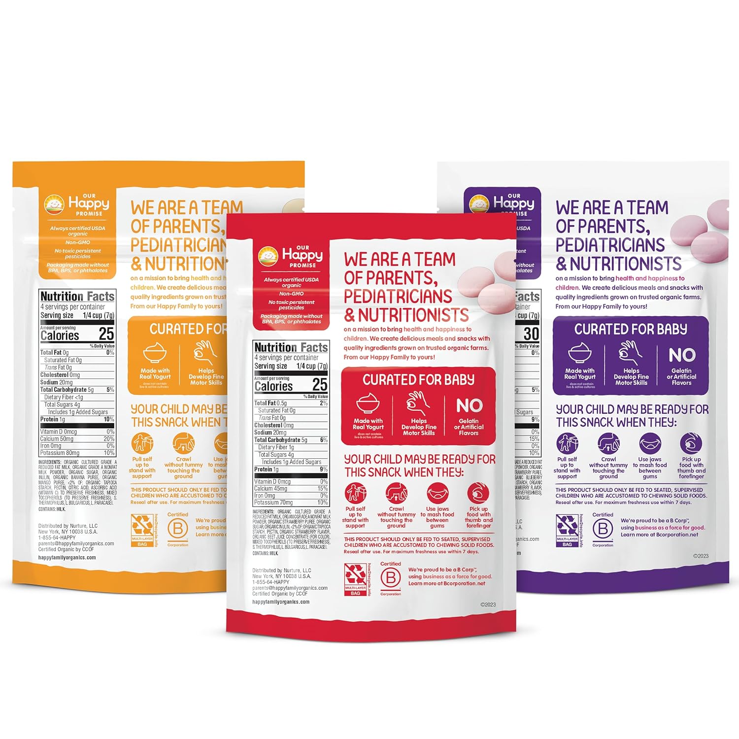 Happy Baby Organics Yogis Freeze-Dried Snack – Toddler Self-Feeding Pouches for High Chair and On-the-Go, 1 oz, Pack of 3