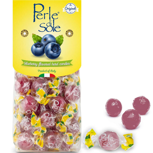 hard candy shell with a tart, fizzy-filled blueberry core