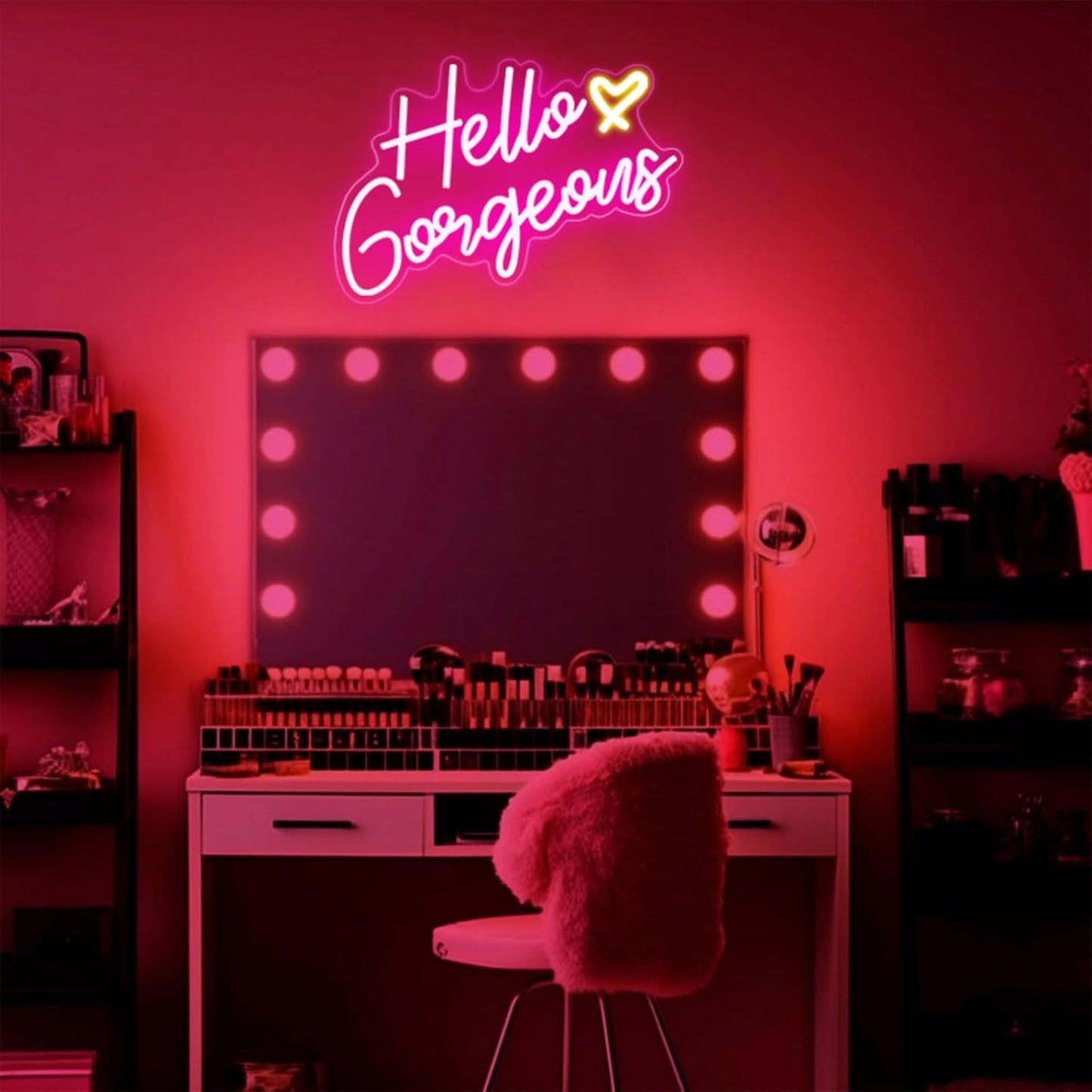 Hello Gorgeous Neon Sign – Understated Neon Wall Decor for Minimalist Vanities, Warm White or Pink with Chain Mount