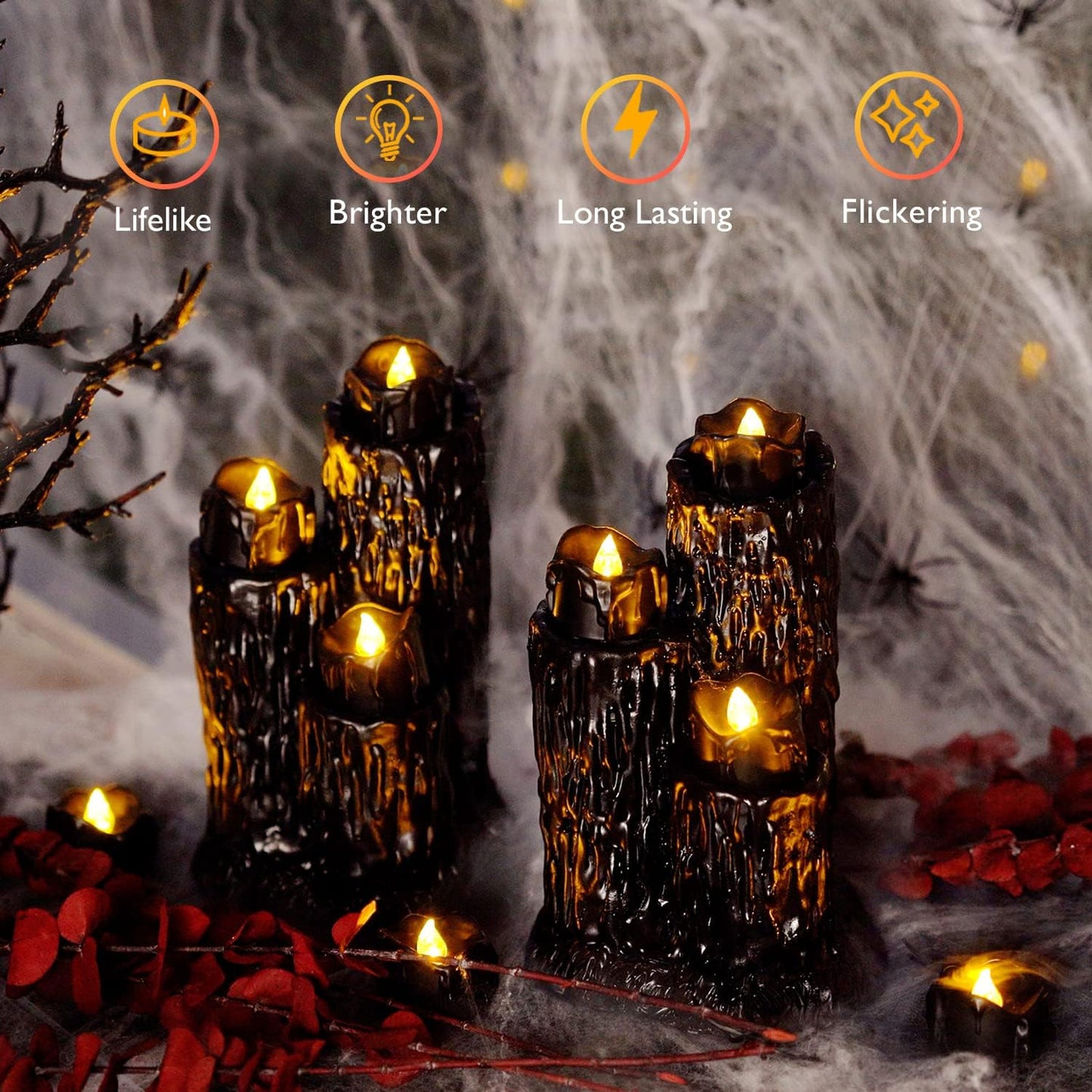 Homemory Drip Style LED Candles – Spooky Black Halloween Decor for Apartment Mantels, Cozy Corners & Moody Bedrooms