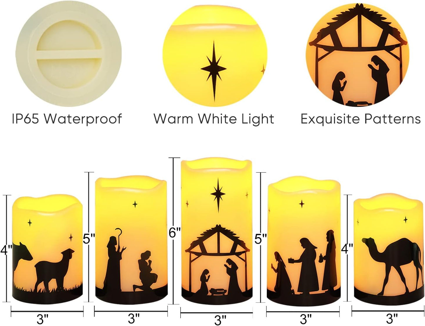 Homemory No-Wax Nativity Pillar Candles - Toddler Friendly Holiday Set for Family Room and Kids' Reading Corner, 5 Pack