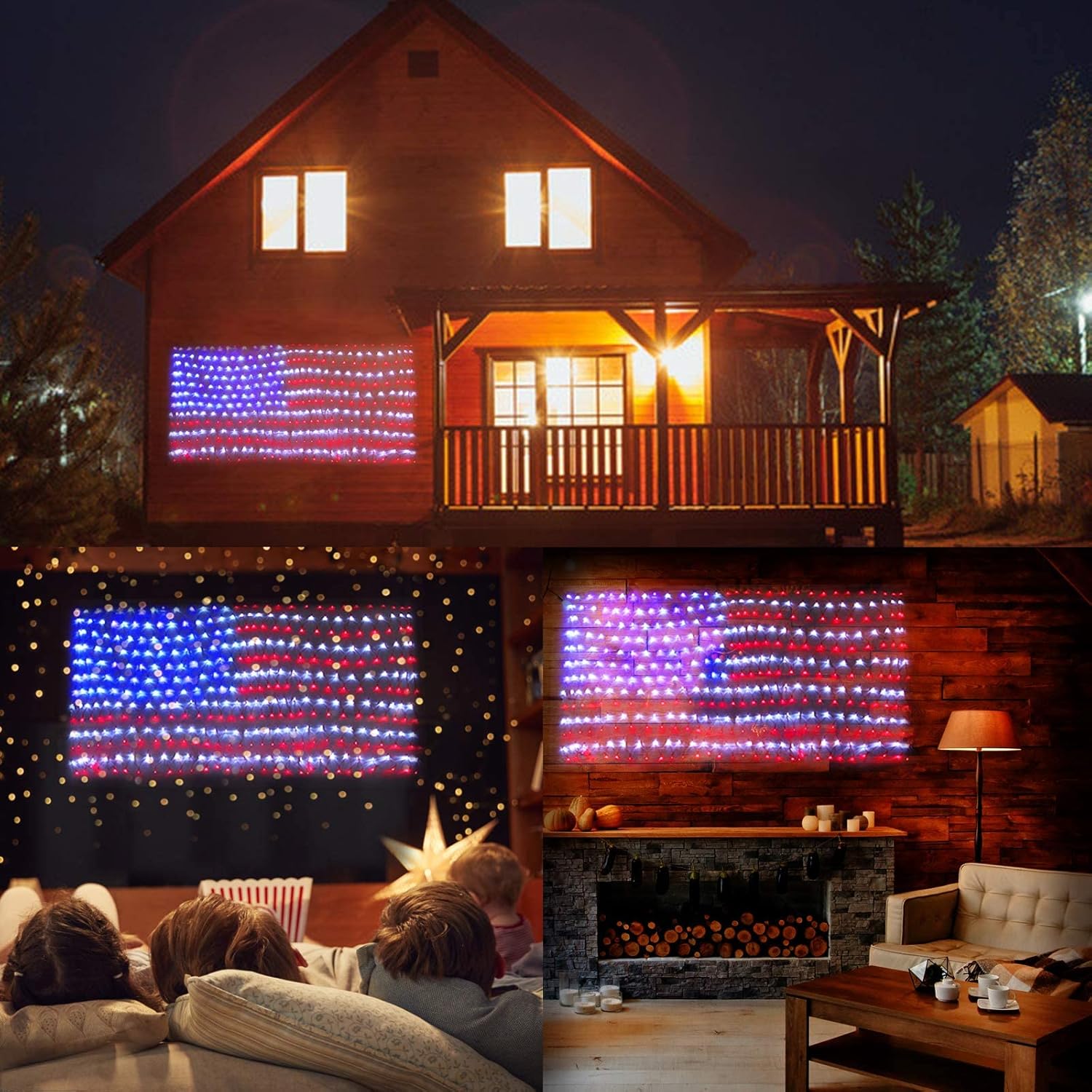 HYH American Flag Net Mesh Lights – 6.5ft x 3.3ft Solar and Plug-in Outdoor Decoration for Camping, Porch, and Backyard Party