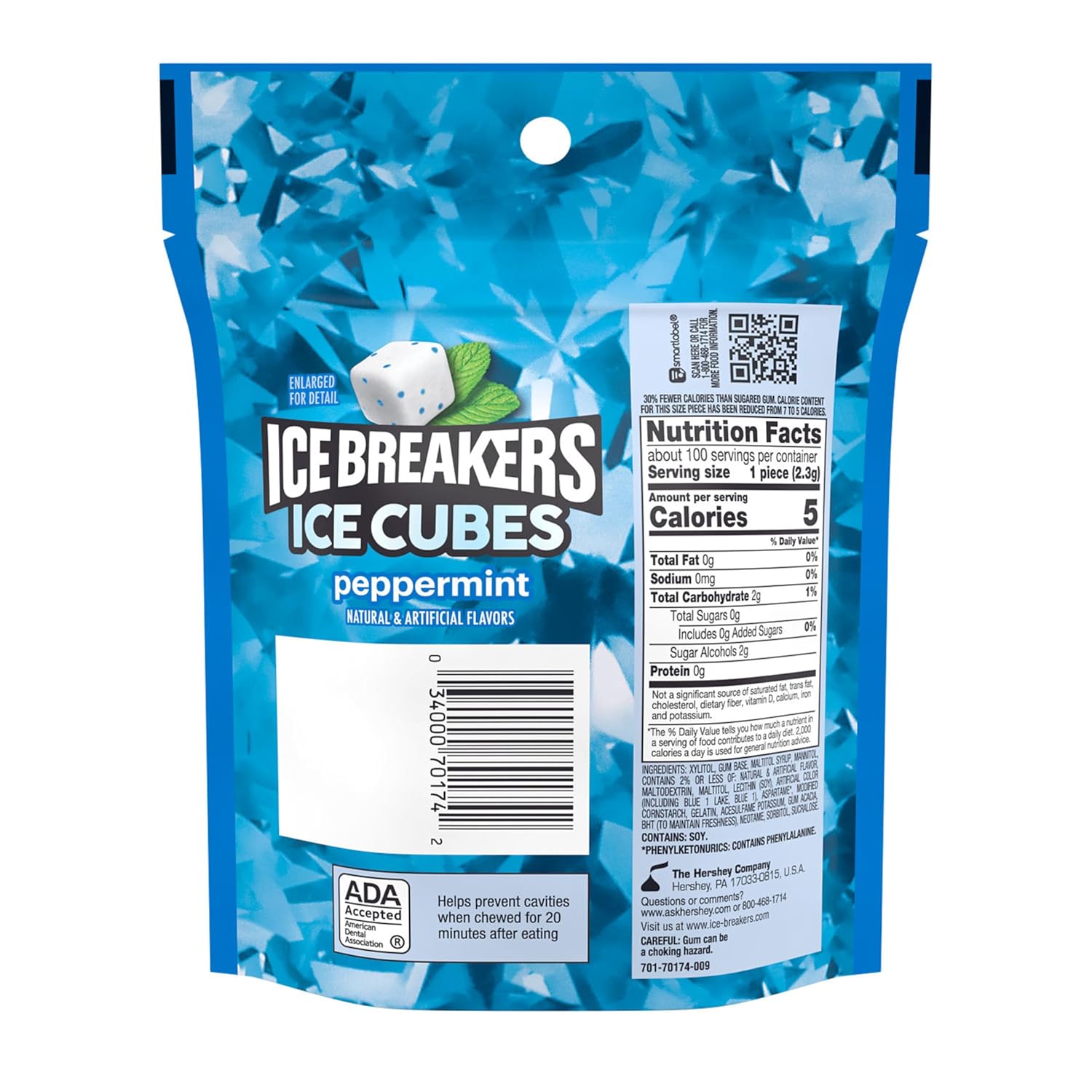 ICE BREAKERS Ice Cubes Peppermint Sugar Free Chewing Gum Pouch, 8.11 oz – Keto and Diabetic-Friendly Chew for Blood-Sugar Awareness