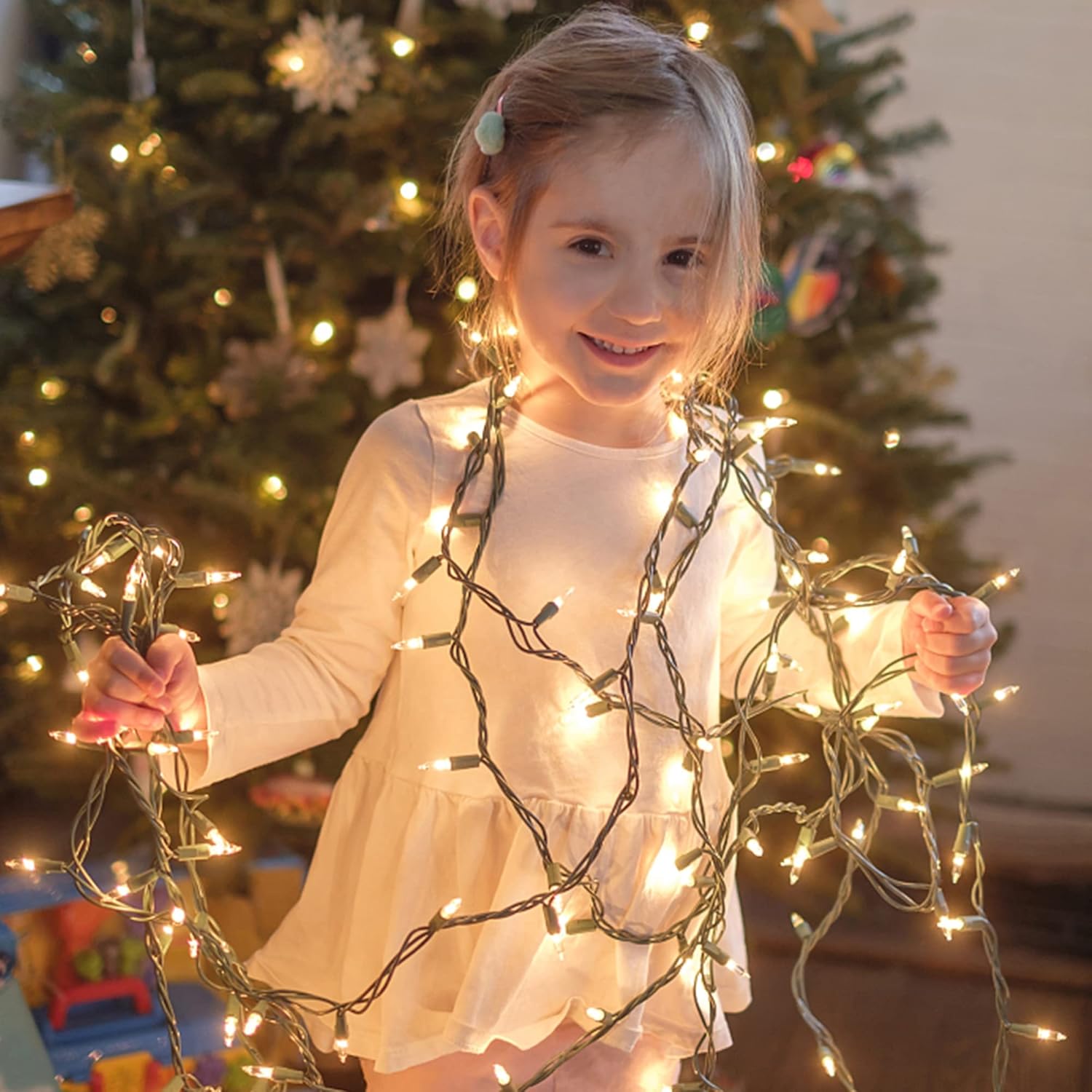 Indoor Christmas String Lights 29 ft Green Wire Incandescent Glow for Holiday Home Styling and Tree Trimming, Warm White