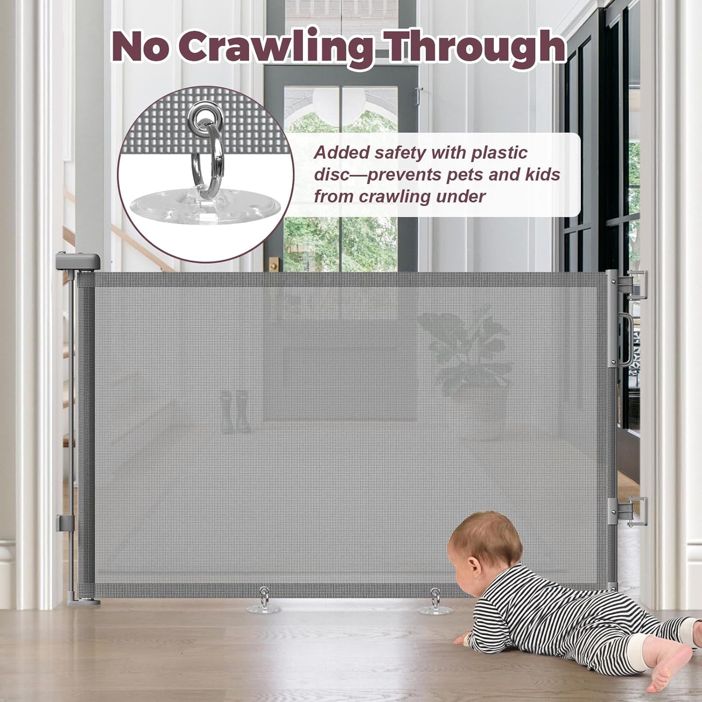 Indoor Outdoor Retractable Pet Gate for Patios & Decks – 55" Wide Mesh Dog Containment Barrier