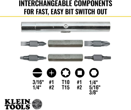 interchangeable bits covering #1/#2 phillips, 1/4" and 3/16" slotted, t10/t15 torx, and #1/#2 square recess