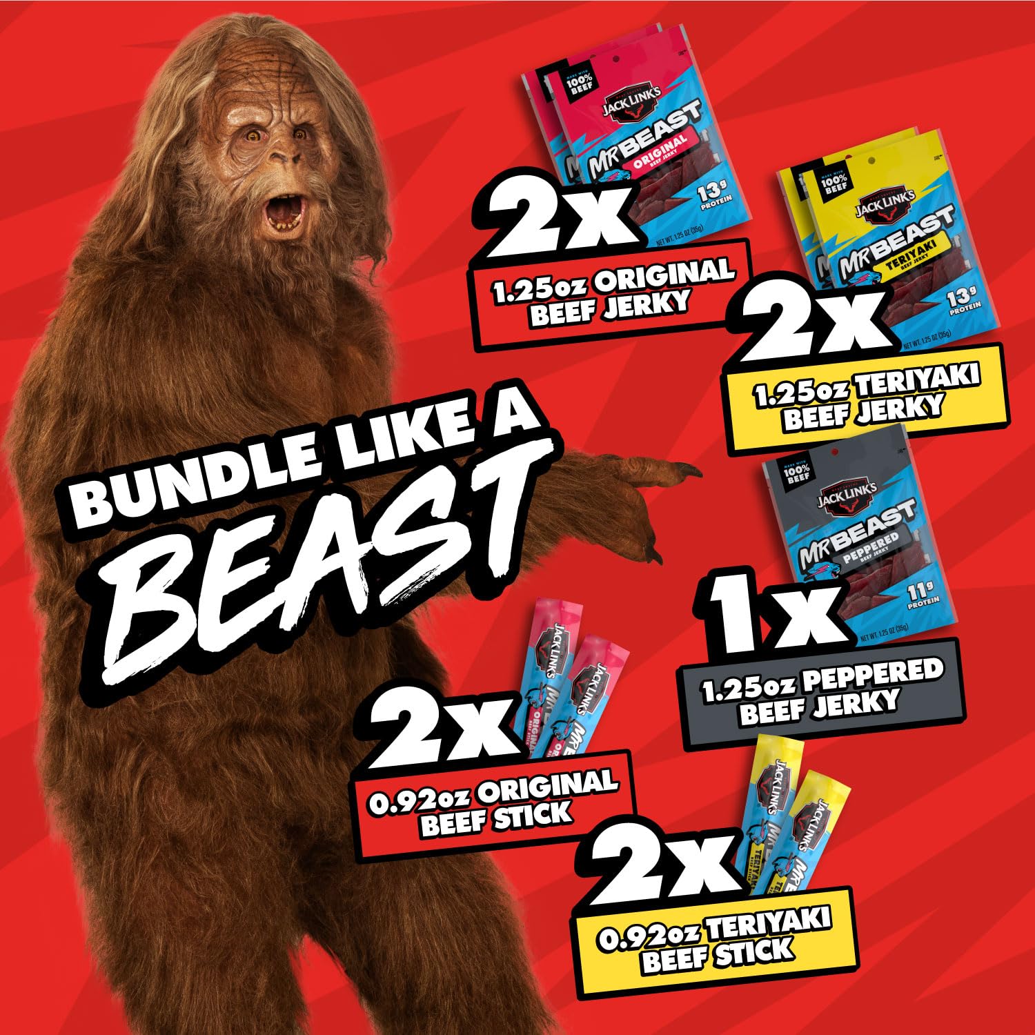 Jack Link's x MrBeast Beef Jerky Variety Box – Clean Ingredient High Protein Snack, No MSG or Added Nitrates, 9-Count Variety