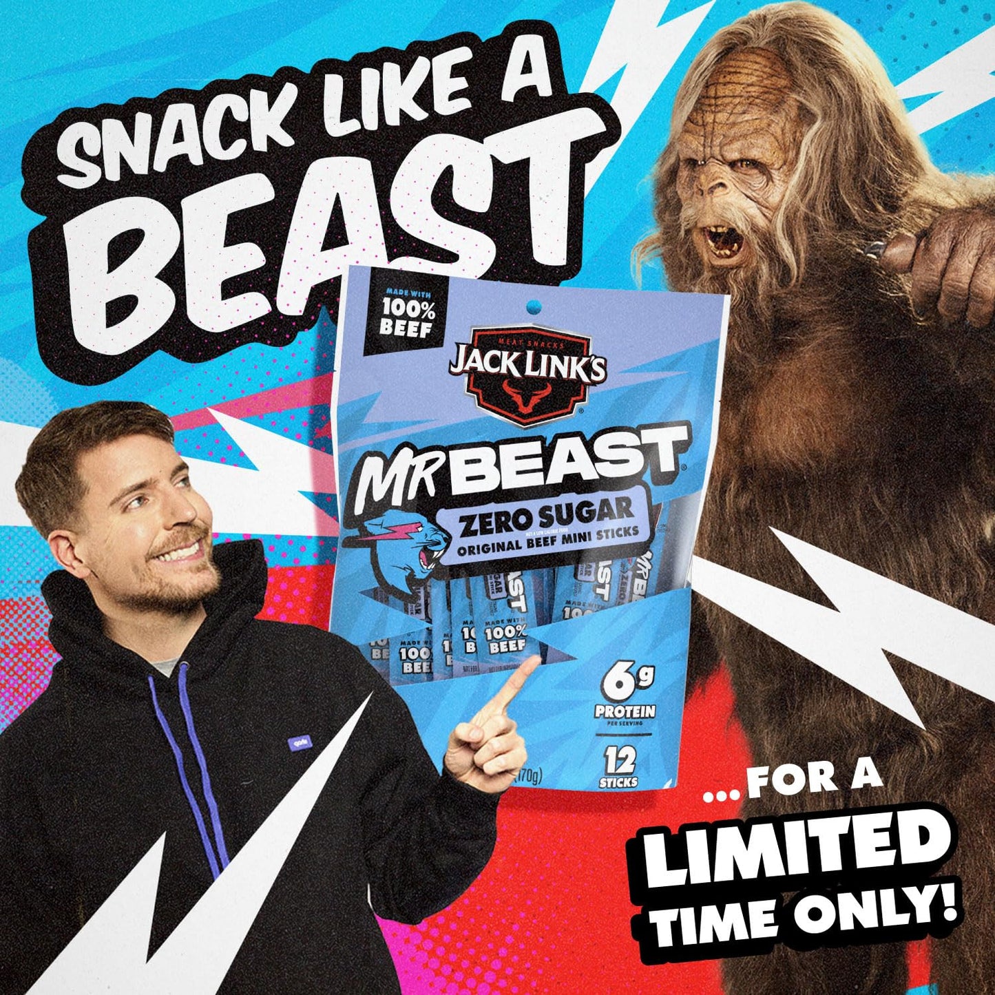 Jack Link's x MrBeast Zero Sugar Mini Beef Sticks – After-School Protein Snack Kids Love, 12 Single-Serve Beef Sticks