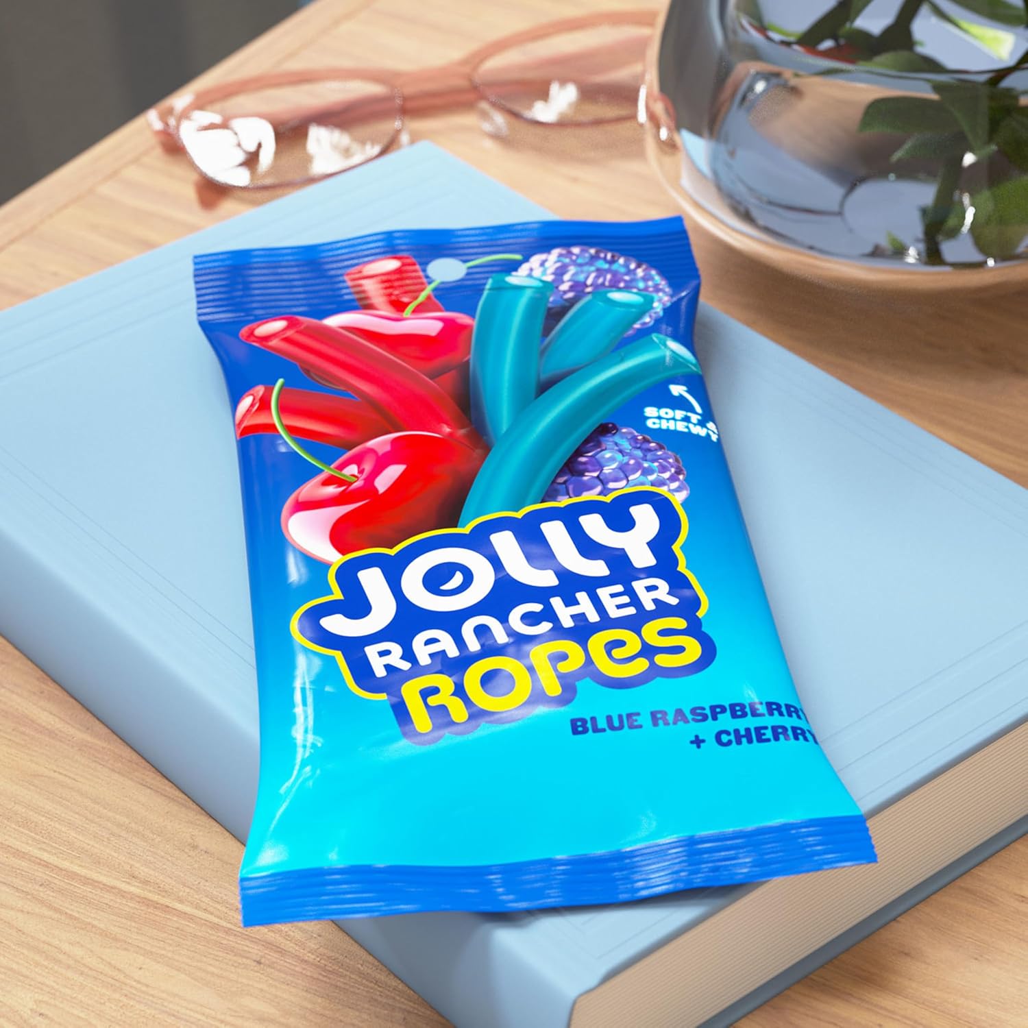 JOLLY RANCHER Ropes Blue Raspberry and Cherry Flavored Candy for Outdoor Movie Nights, 6 oz Two-Flavor Rope Bag