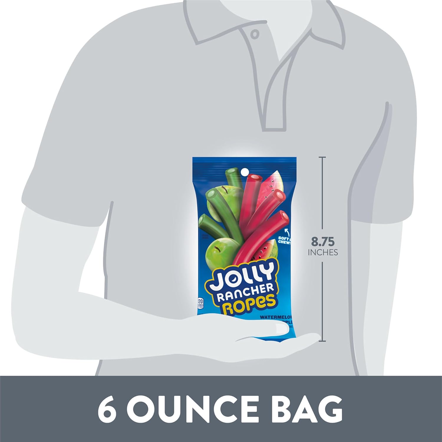 JOLLY RANCHER Ropes Watermelon and Green Apple Flavored Chewy Candy for Road Trips, Sports Games, and Outdoor Movie Nights, Pack of 4