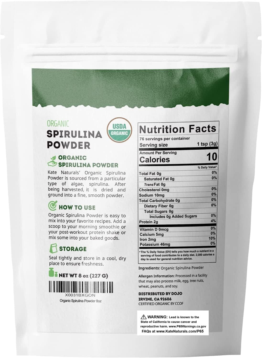 Kate Naturals Organic Spirulina Powder – Birthday Gift for Vegan Friend and Fitness Enthusiast, 8 oz
