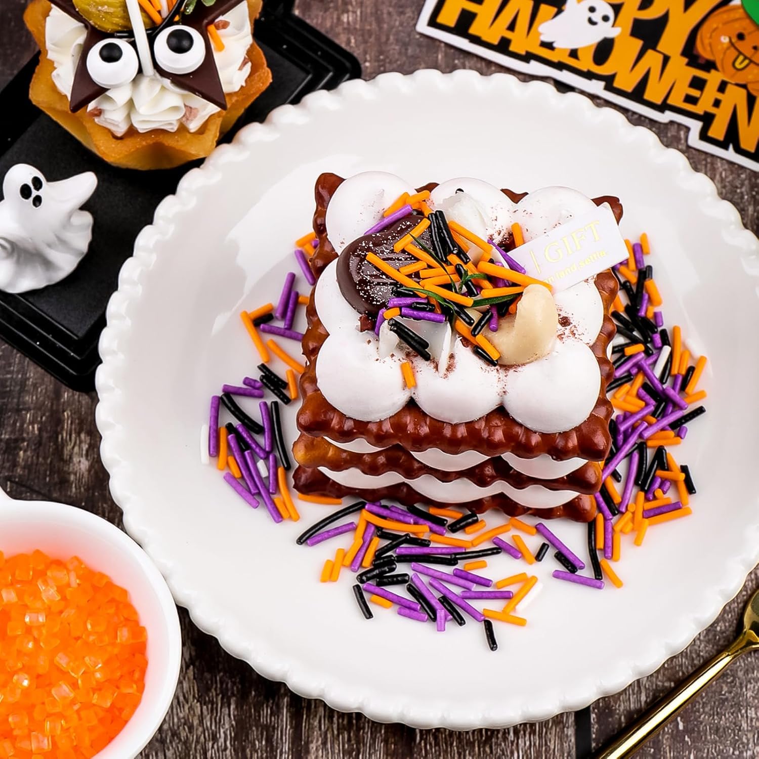 Kid-Safe Halloween Cupcake Toppings with Pumpkins, Ghosts, and Candy Eyes, Orange and Purple Jimmies Set