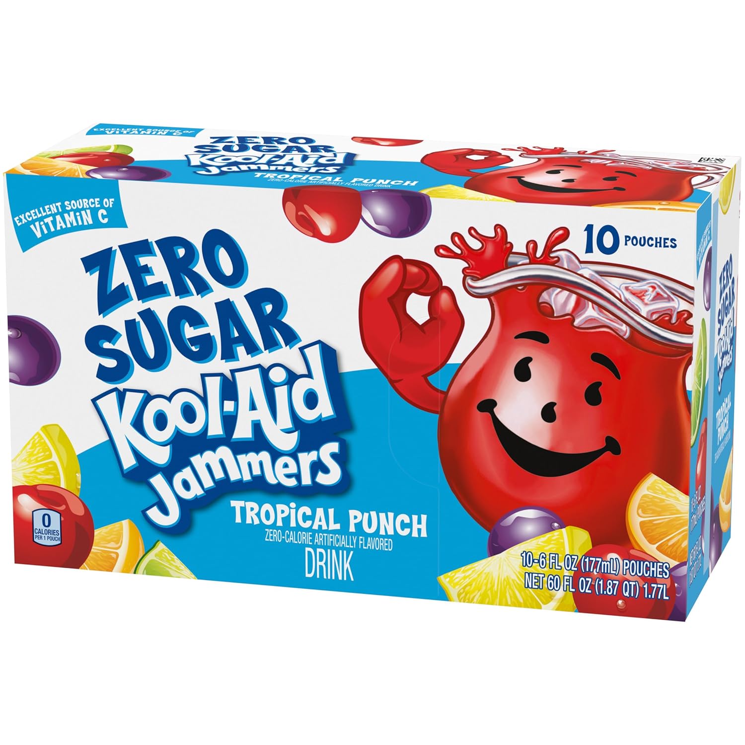 Kool-Aid Jammers Tropical Punch Zero Sugar Drink, 10 Pack Pouches, Better-for-You Beverage for Weight-Watchers