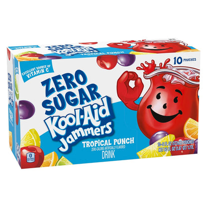 Kool-Aid Jammers Tropical Punch Zero Sugar Drink, 10 Pack Pouches, Better-for-You Beverage for Weight-Watchers