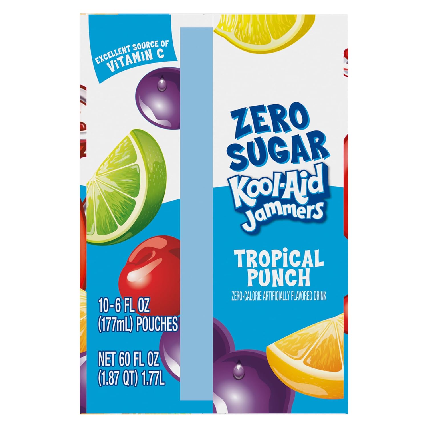 Kool-Aid Jammers Tropical Punch Zero Sugar Drink, 10 Pack Pouches, Better-for-You Beverage for Weight-Watchers