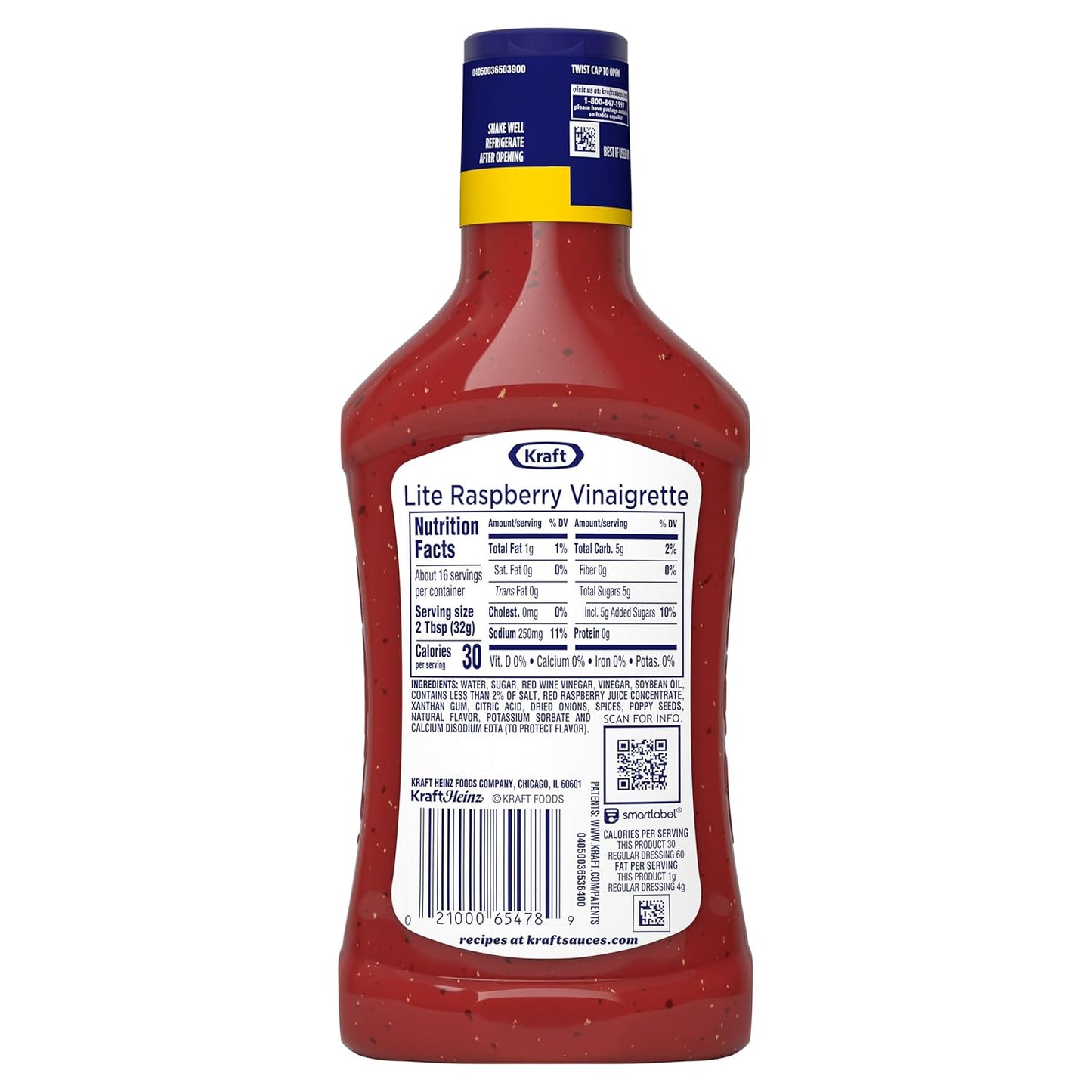 Kraft Raspberry Vinaigrette Lite – Low-Sugar Natural Marinade for Grilled Chicken and Tofu Bowl Prep, 16 fl oz