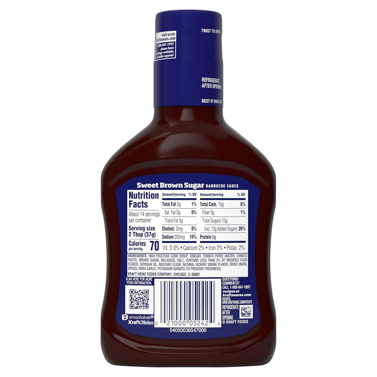 Kraft Sweet Brown Sugar Slow-Simmered Barbecue Sauce, 18 oz Sweet and Mild Sauce for Children and Picky Eaters