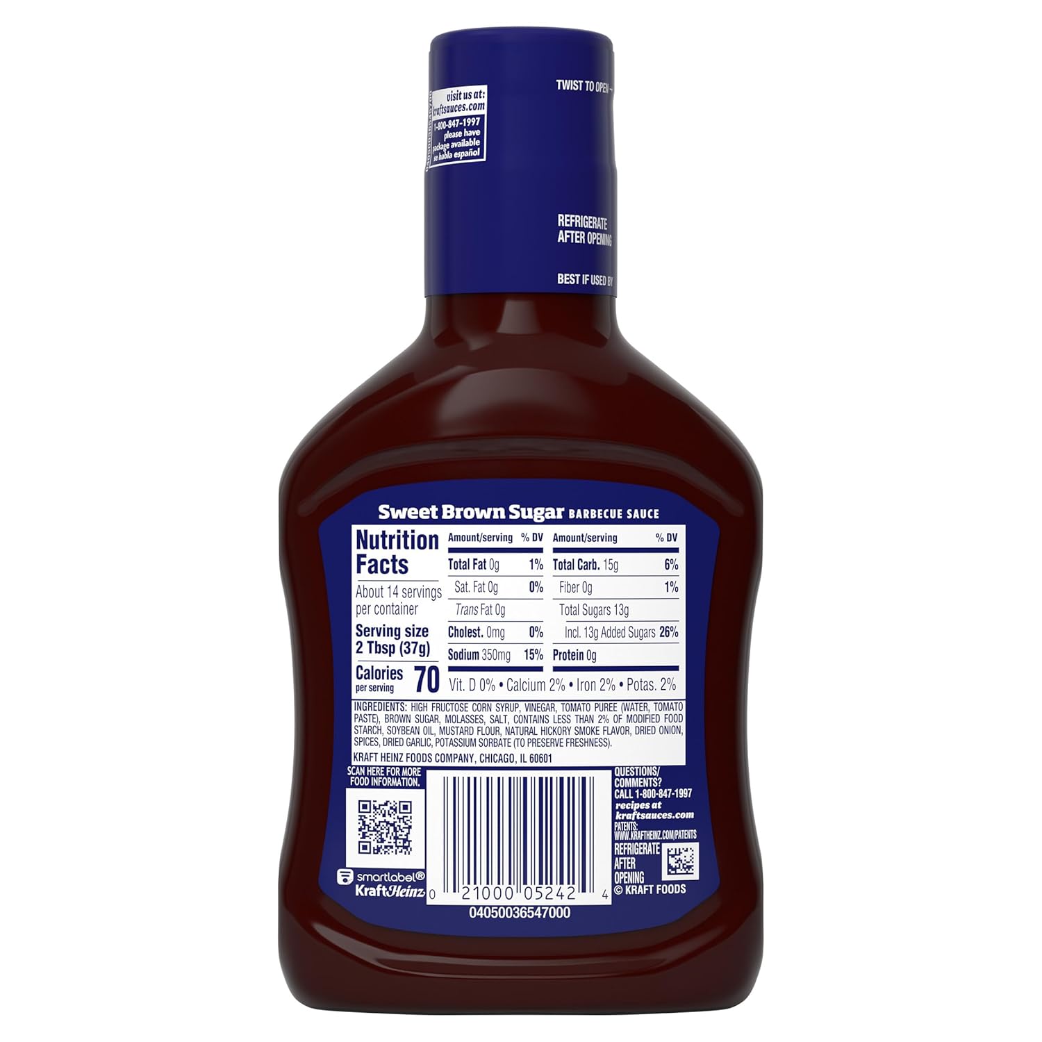 Kraft Sweet Brown Sugar Slow-Simmered Barbecue Sauce, 18 oz Sweet and Mild Sauce for Children and Picky Eaters