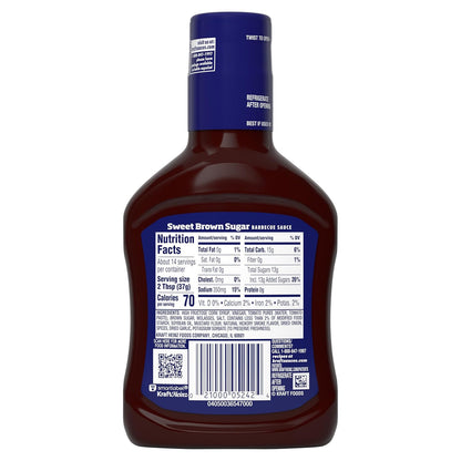 Kraft Sweet Brown Sugar Slow-Simmered Barbecue Sauce, 18 oz Sweet and Mild Sauce for Children and Picky Eaters