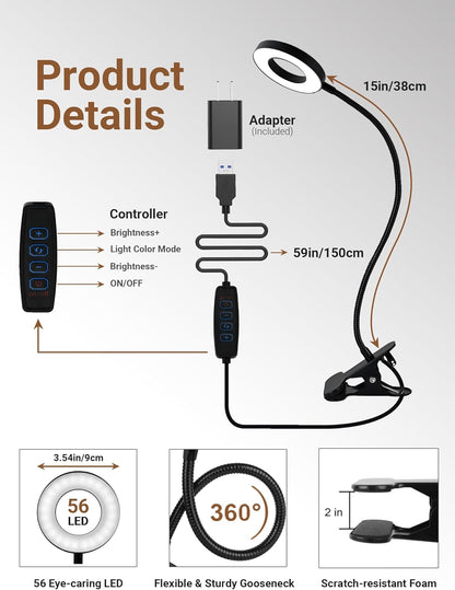 LampDepot USB Clip Lamp for College Dorm Study Setup – 550 Lumen CRI 90 Reading Light with Memory Function