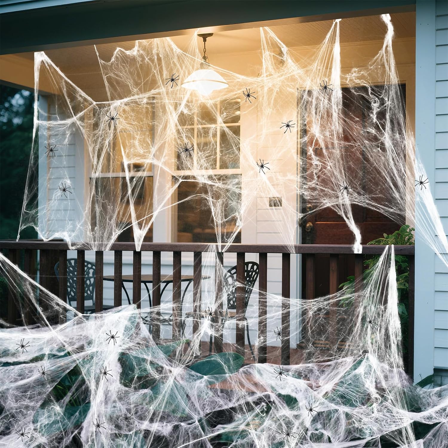 Land Guard 500 sqft Yard Haunt Spider Web for Outdoor Trees and Garage Façade, Tearable Polyester Cobweb with 10 Artificial Spiders