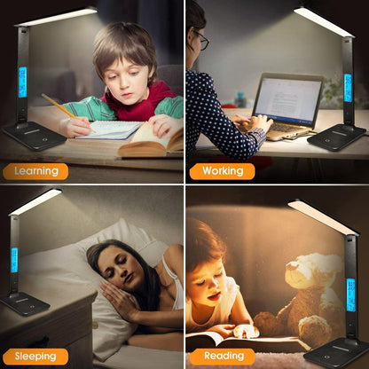 LAOPAO Simple Desk Light with Built-In Wireless Charger – Neutral Tone Finish, USB Output, and 3 Color Temperatures for Less-Is-More Homes