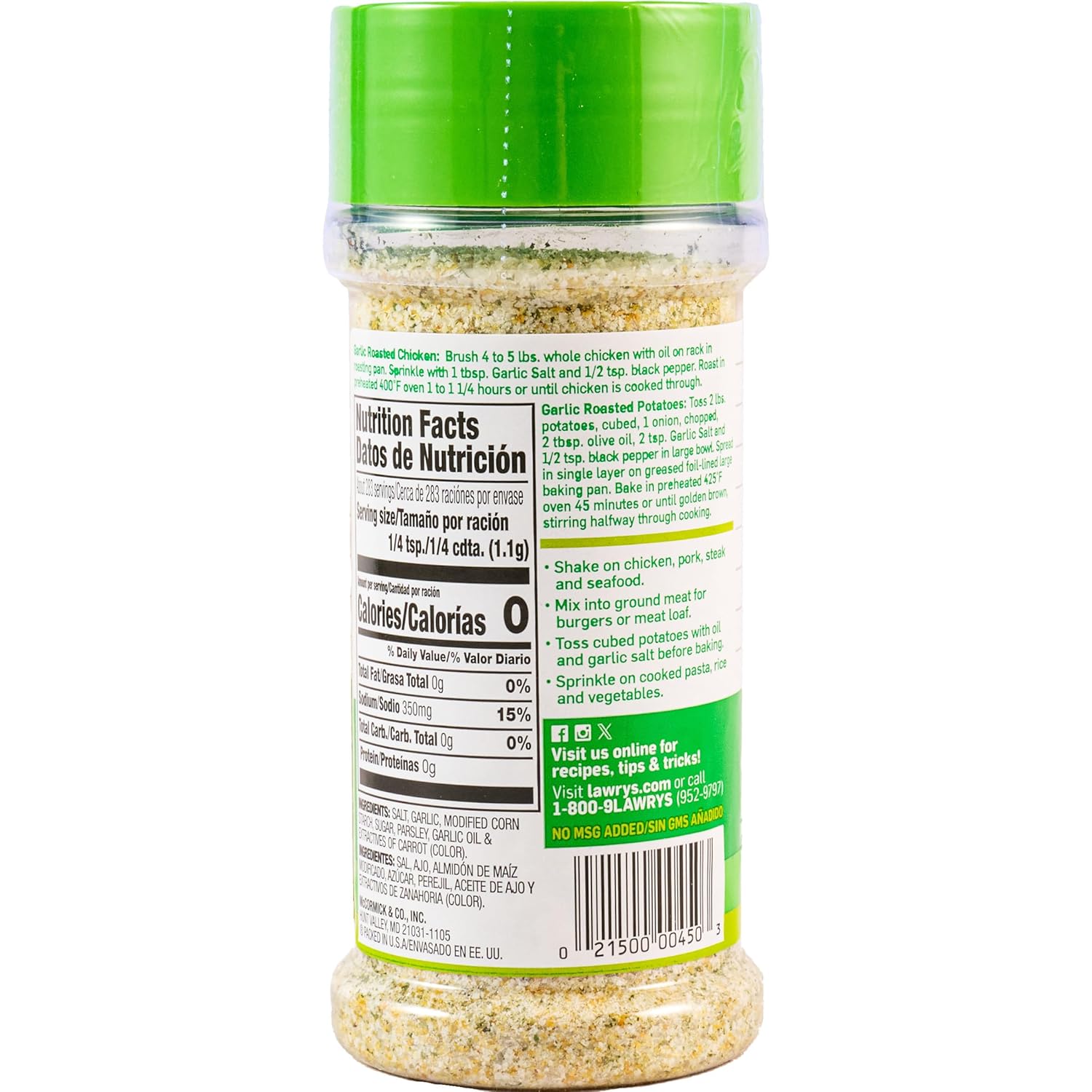 Lawry's Garlic Salt – Stocking Stuffer and Holiday Gift for Grillers, 11 oz Shaker