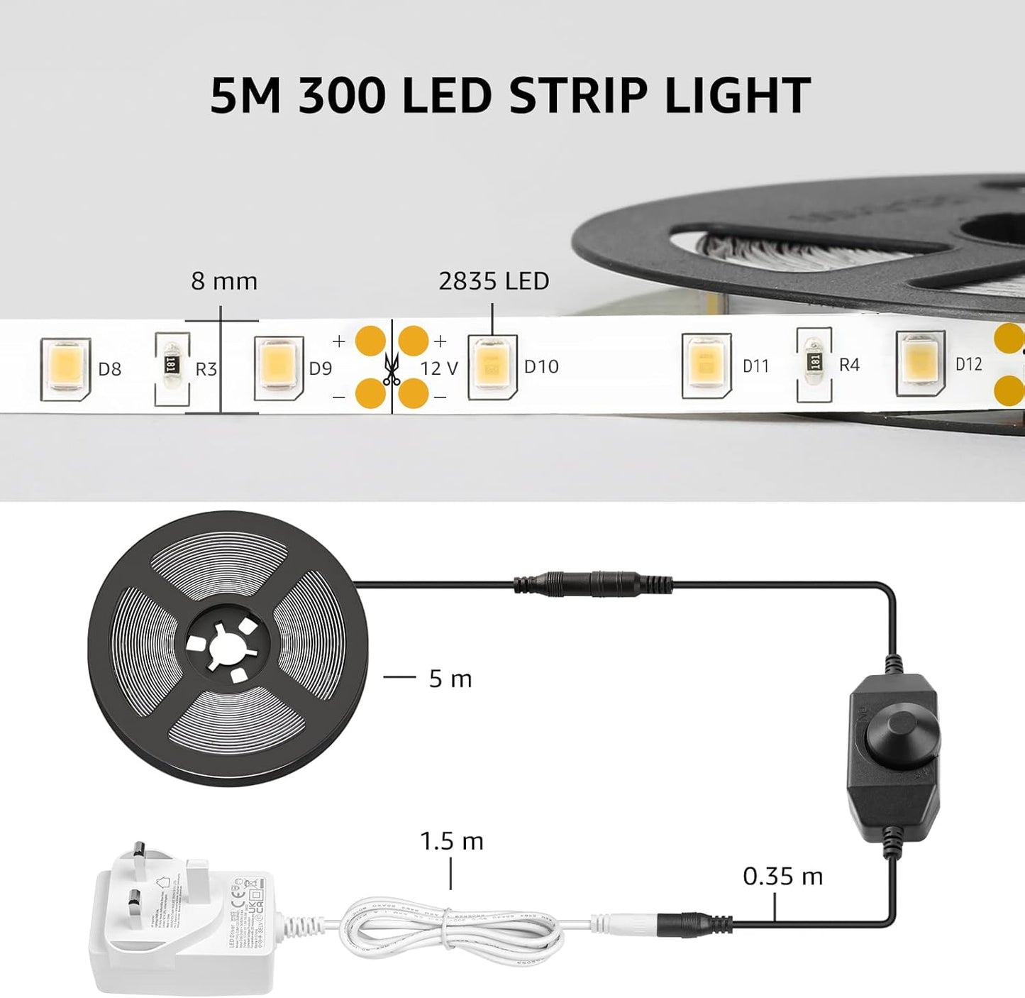 Lepro 16.4ft LED Strip Light – Warm White Accent Lighting for Bookshelves, Staircases, and Wall Coves