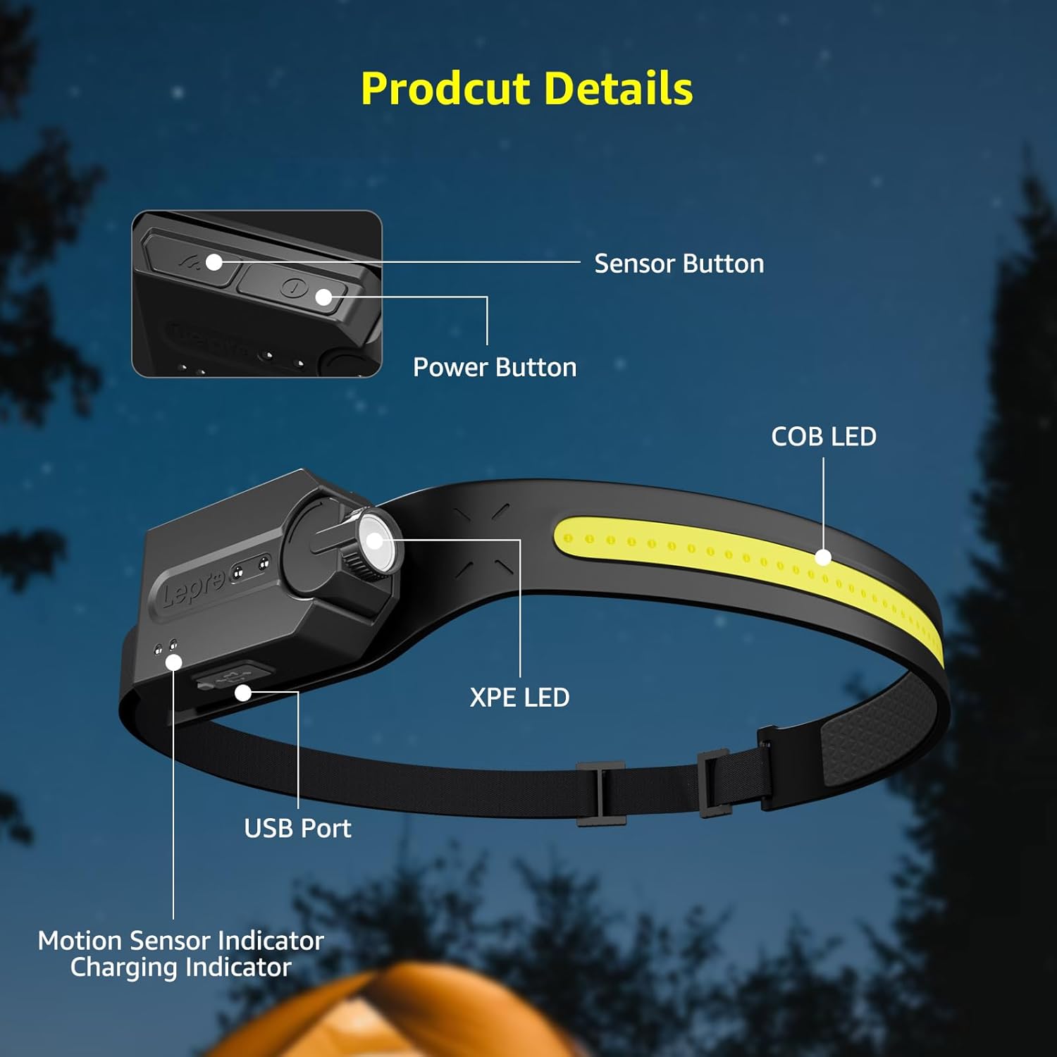 Lepro Shockproof LED Head Lamp for Night-Shift Workers – Hands-Free Wave Activation Keeps Dirty or Gloved Hands Off Switches